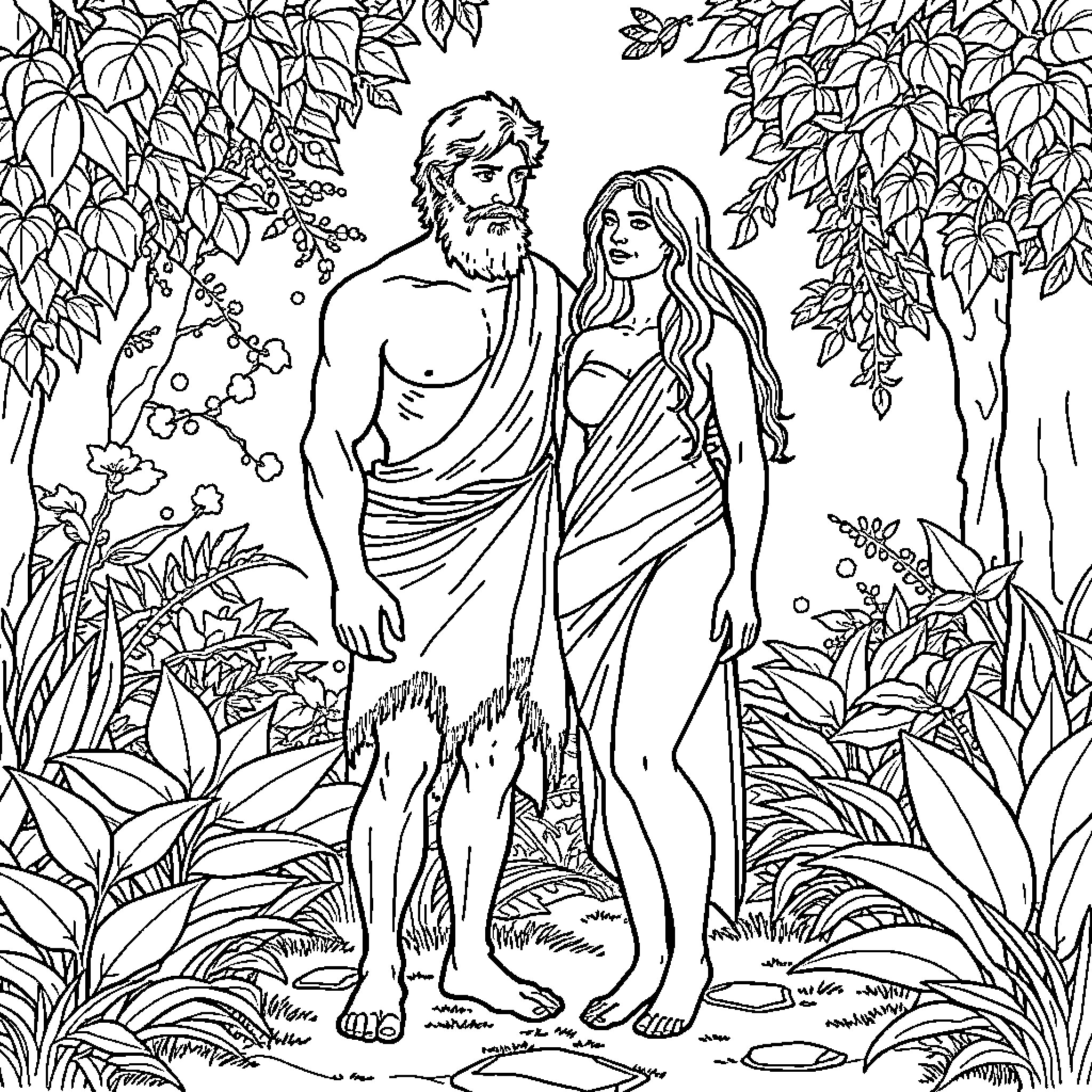 Adam and Eve in the Garden of Eden Coloring Page (free black-and-white line drawing printable PDF for all, from beginners to advanced learners, including children, teens, adults, and seniors)