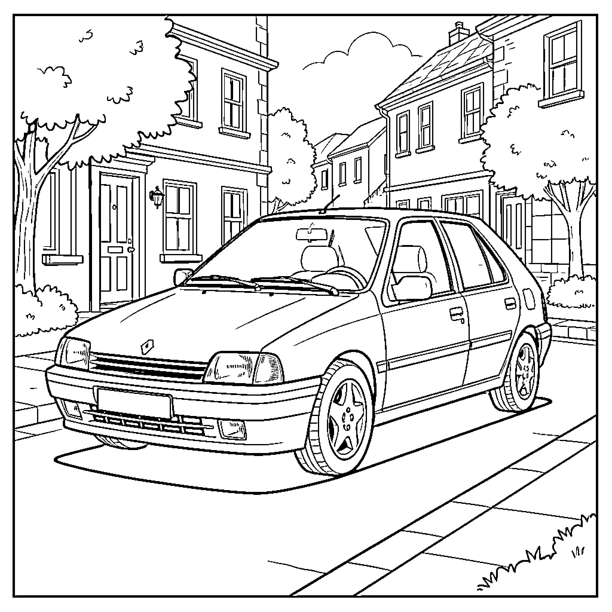 Renault R25 car on a street with houses Coloring Page (free black-and-white line drawing printable PDF for all, from beginners to advanced learners, including children, teens, adults, and seniors)