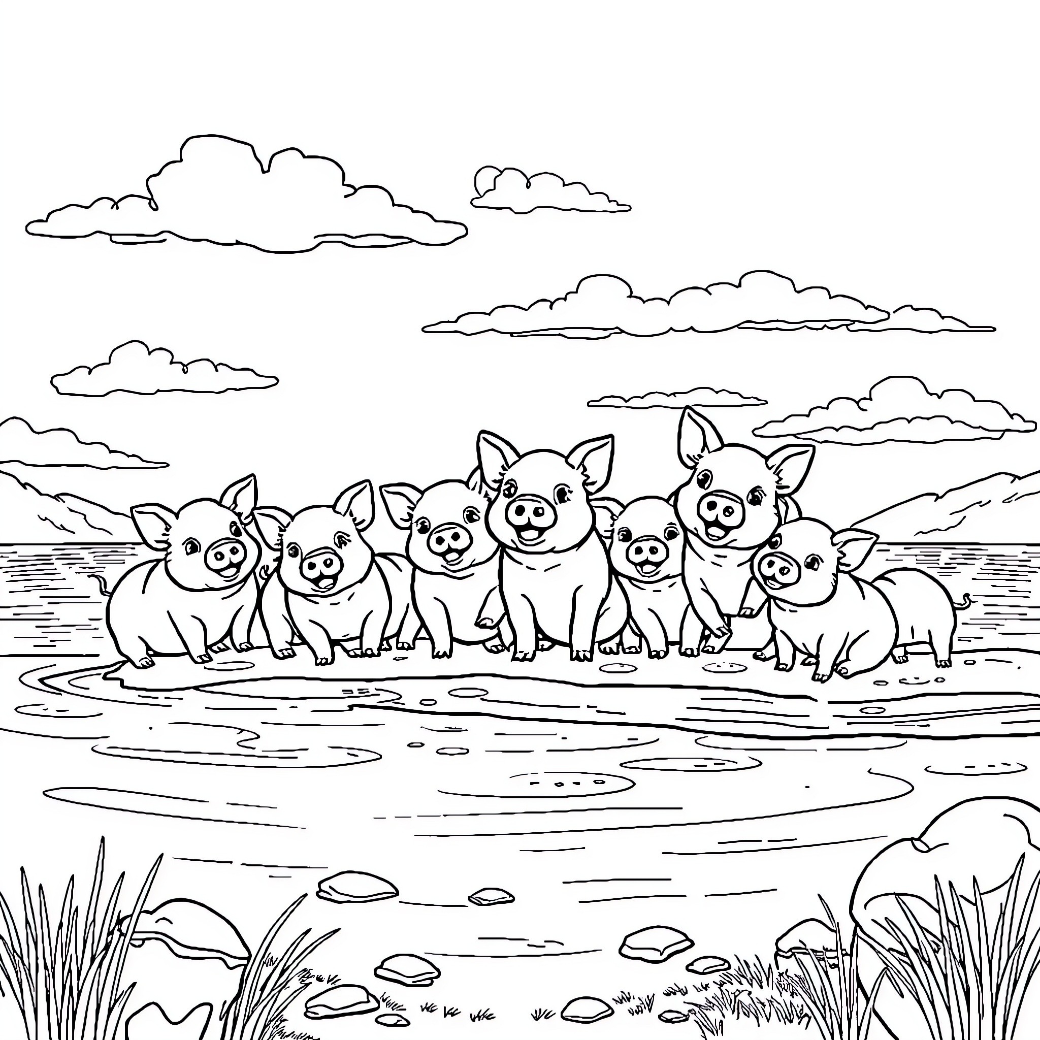 Pig family playing in the pond Coloring Page (free black-and-white line drawing printable PDF for all, from beginners to advanced learners, including children, teens, adults, and seniors)