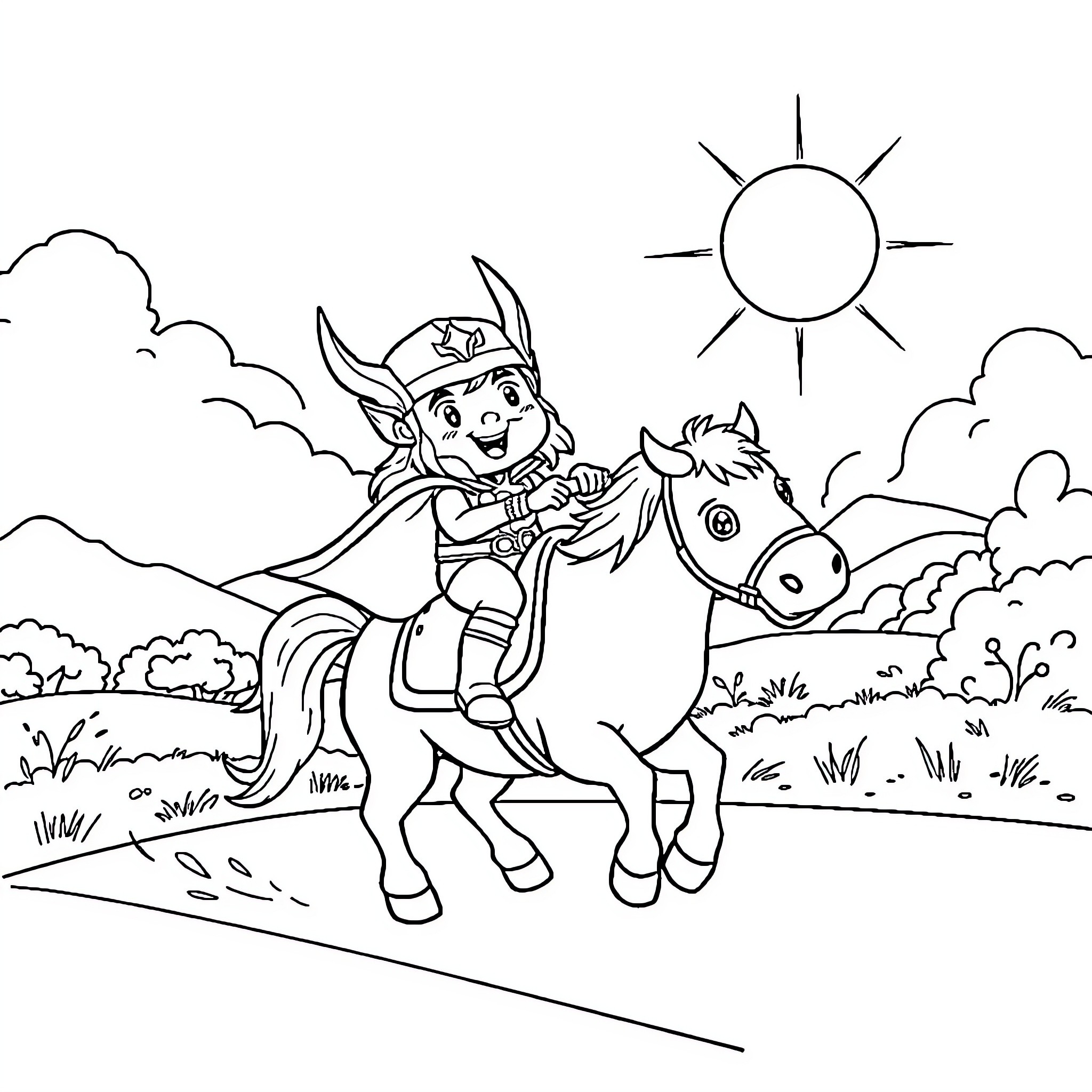 Thor the Viking Warrior Riding His Horse in Nature Coloring Page (free black-and-white line drawing printable PDF for all, from beginners to advanced learners, including children, teens, adults, and seniors)