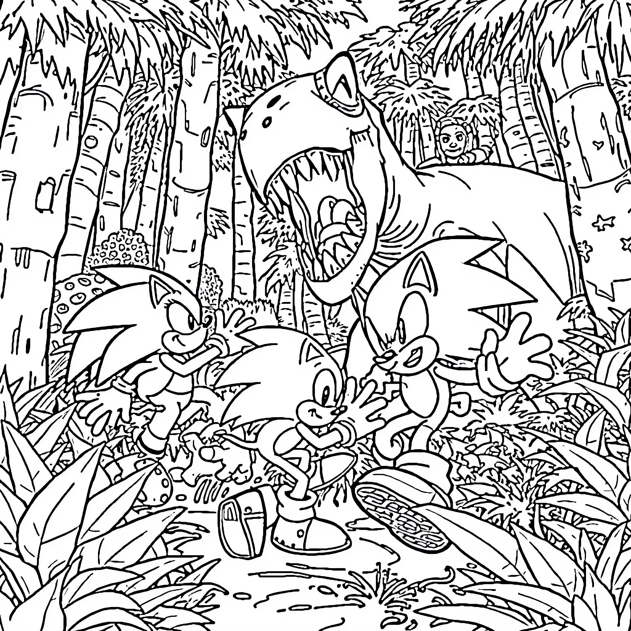 Sonic and Friends in the Jungle Adventure Coloring Page (free black-and-white line drawing printable PDF for all, from beginners to advanced learners, including children, teens, adults, and seniors)