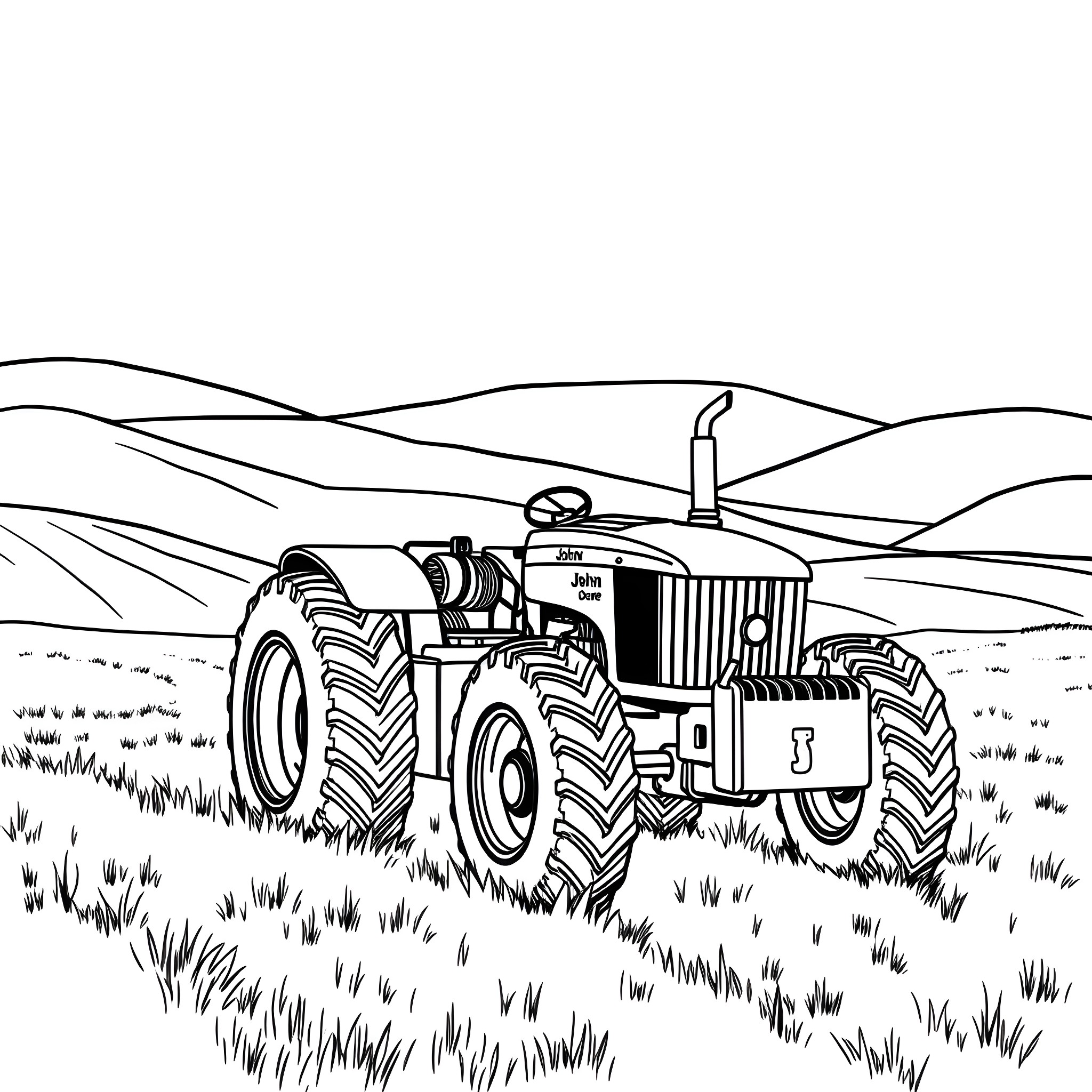 Tractor plowing a field in the countryside Coloring Page (free black-and-white line drawing printable PDF for all, from beginners to advanced learners, including children, teens, adults, and seniors)
