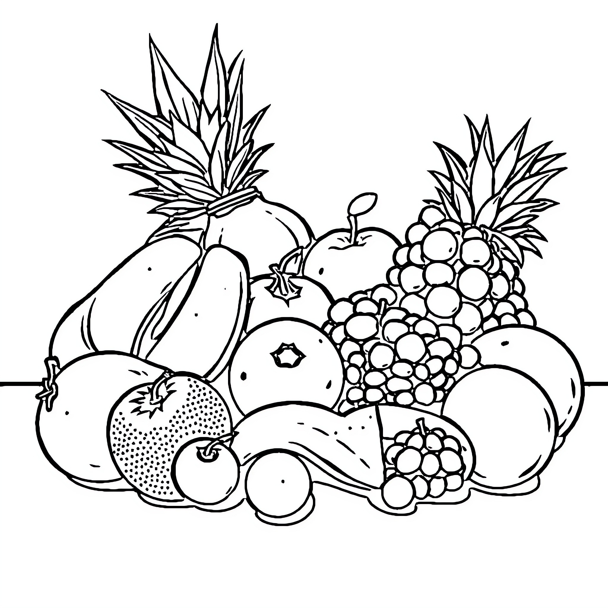 Fruit arrangement in black and white Coloring Page (free black-and-white line drawing printable PDF for all, from beginners to advanced learners, including children, teens, adults, and seniors)