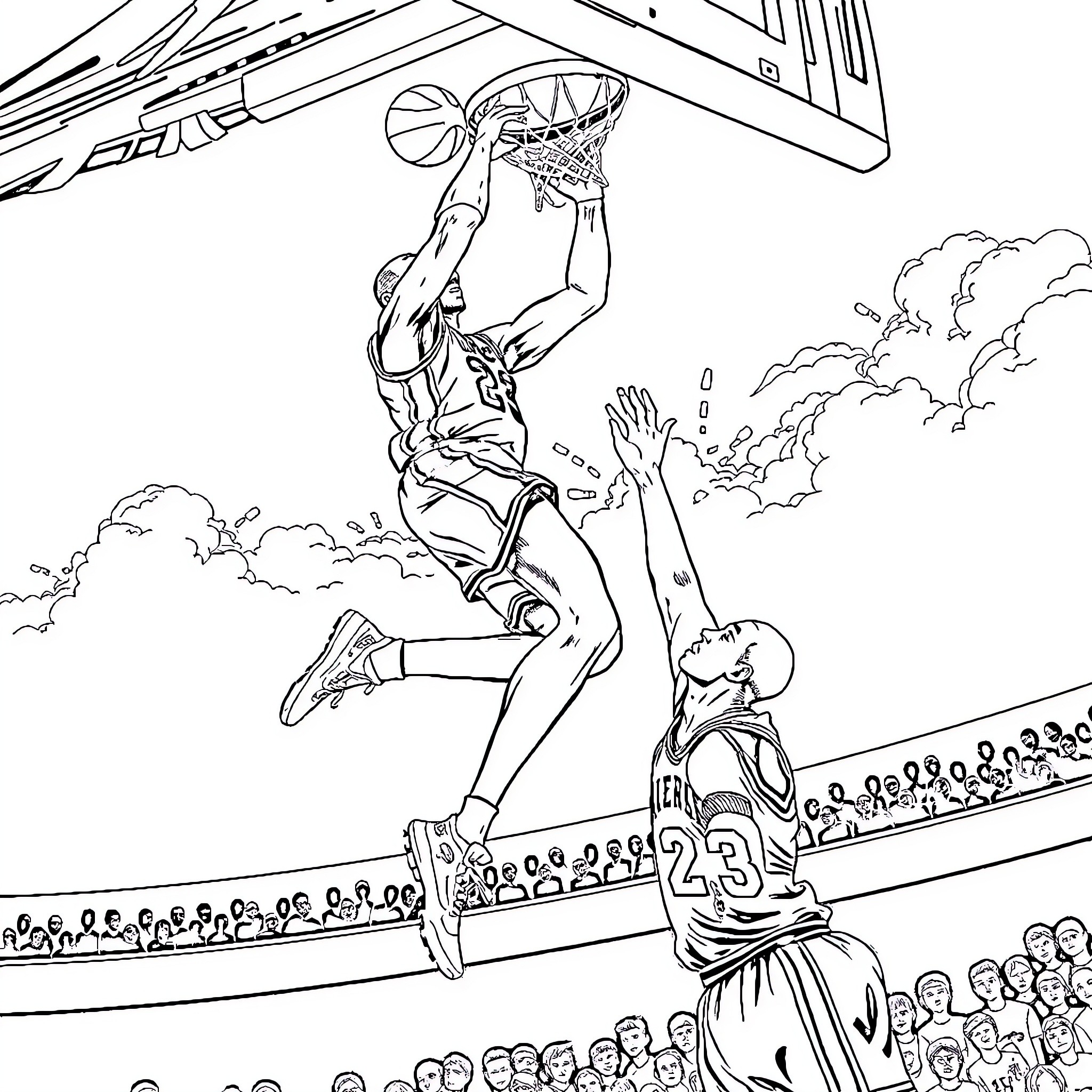 Kobe Bryant's Iconic Slam Dunk Performance Coloring Page (free black-and-white line drawing printable PDF for all, from beginners to advanced learners, including children, teens, adults, and seniors)