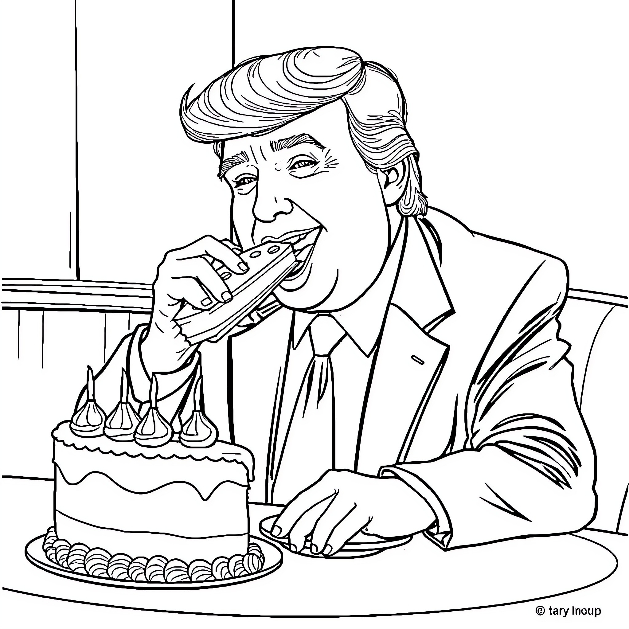 Trump blowing out birthday candles on cake Coloring Page (free black-and-white line drawing printable PDF for all, from beginners to advanced learners, including children, teens, adults, and seniors)