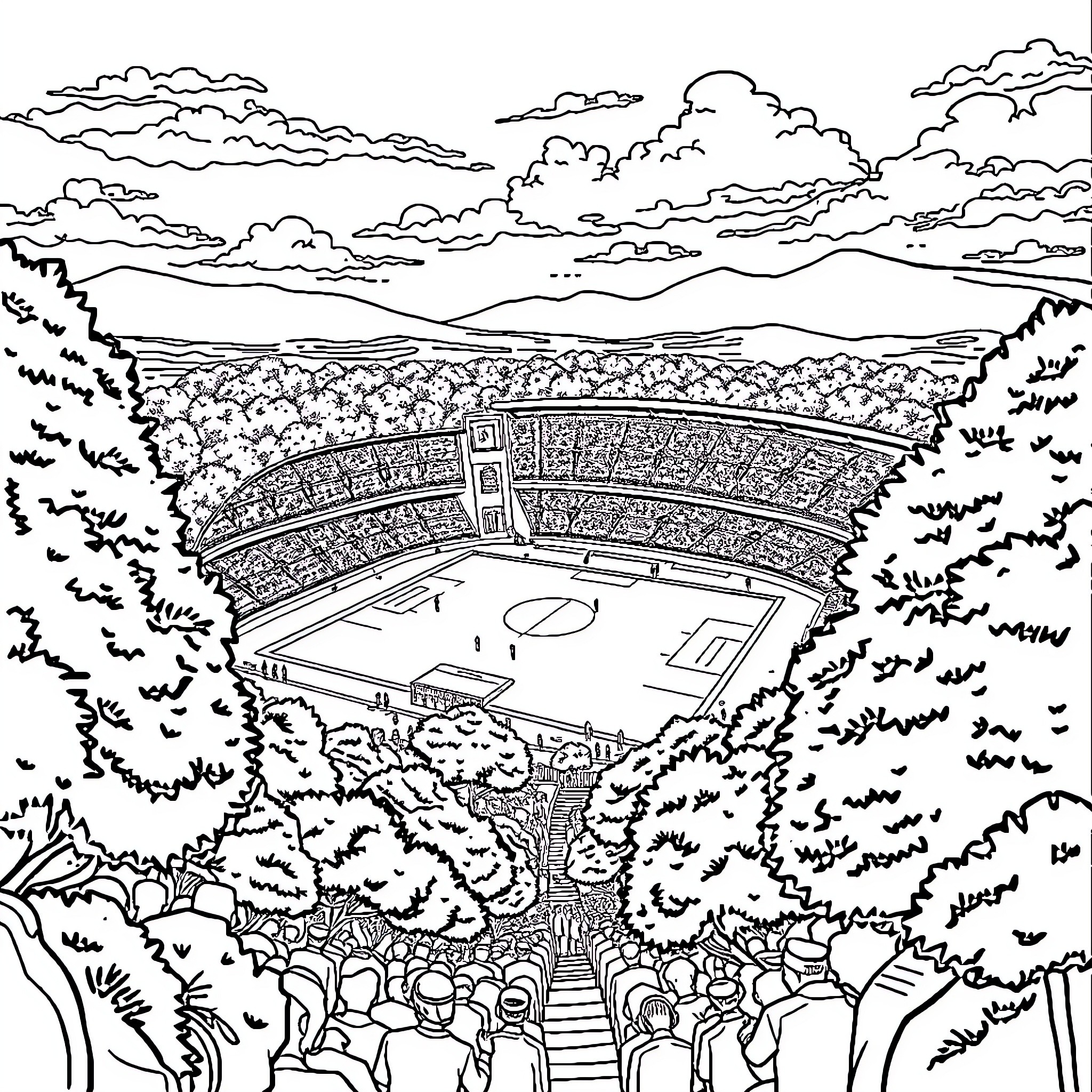 Cancha: Packed stadium surrounded by lush landscape Coloring Page (free black-and-white line drawing printable PDF for all, from beginners to advanced learners, including children, teens, adults, and seniors)