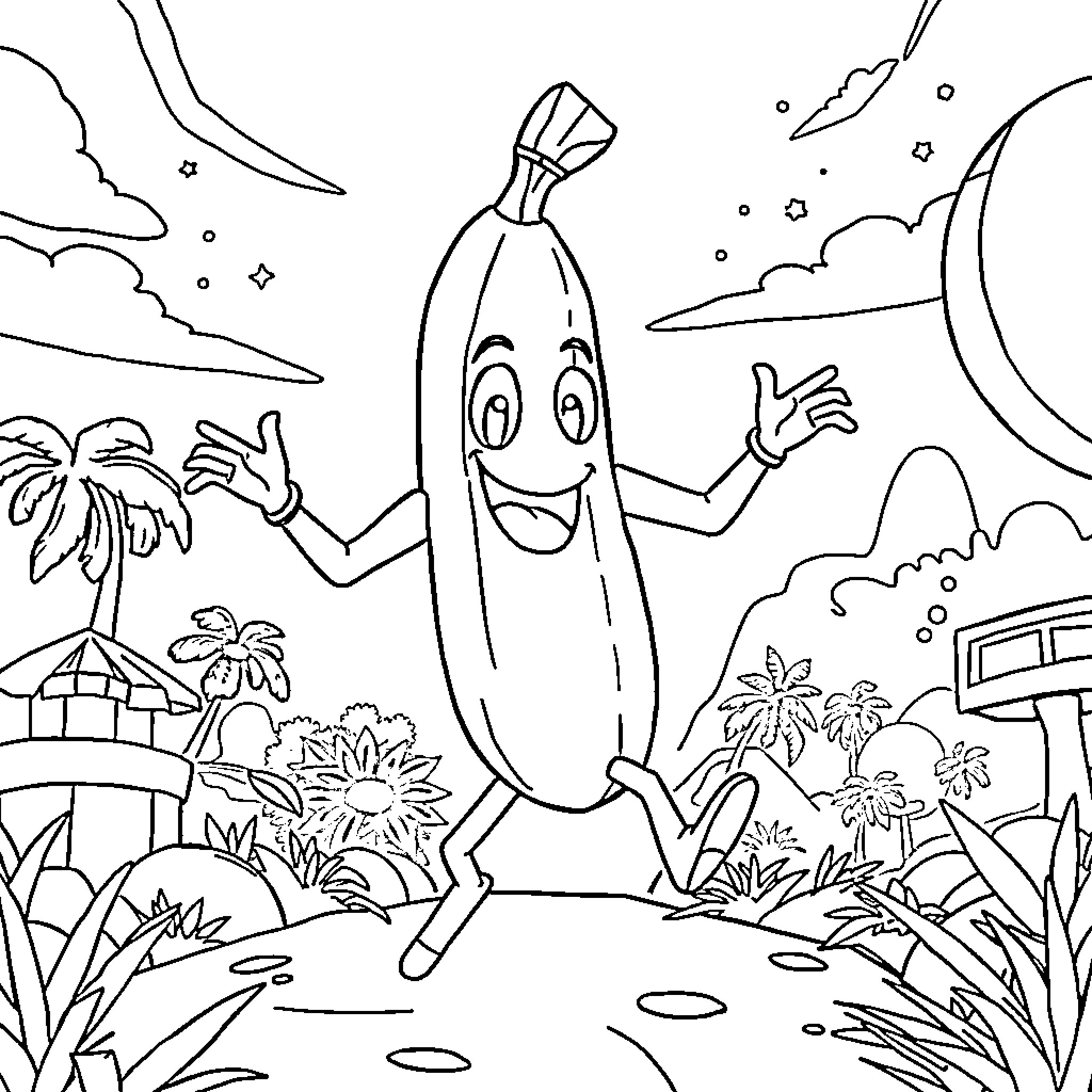 Pelé, the happy banana, frolics in a vibrant tropical setting Coloring Page (free black-and-white line drawing printable PDF for all, from beginners to advanced learners, including children, teens, adults, and seniors)