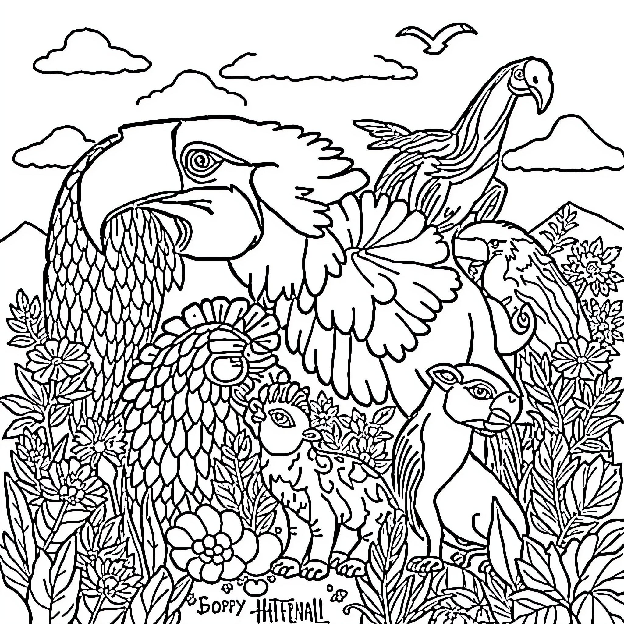 Animal friends in a vibrant nature scene Coloring Page (free black-and-white line drawing printable PDF for all, from beginners to advanced learners, including children, teens, adults, and seniors)