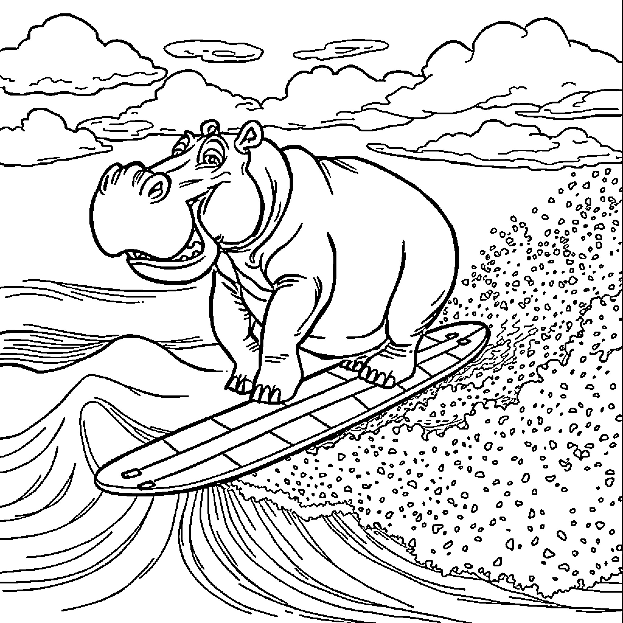 Hippo surfing through the waves Coloring Page (free black-and-white line drawing printable PDF for all, from beginners to advanced learners, including children, teens, adults, and seniors)