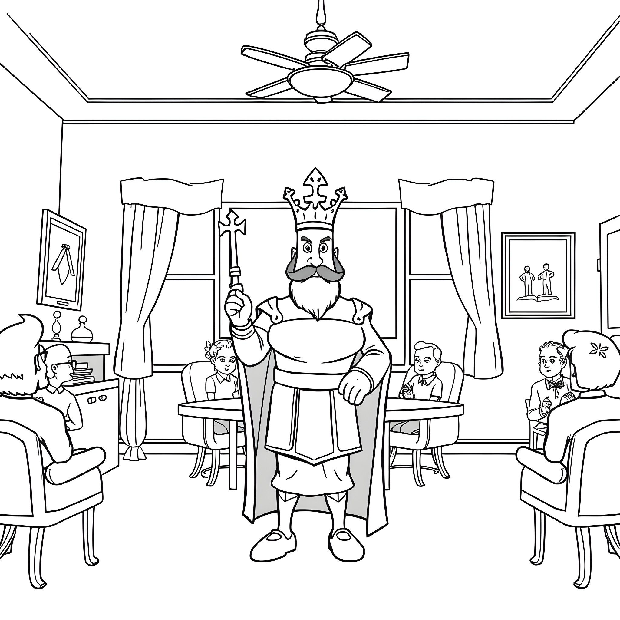 Lord Farquaad presiding over a formal court meeting Coloring Page (free black-and-white line drawing printable PDF for all, from beginners to advanced learners, including children, teens, adults, and seniors)