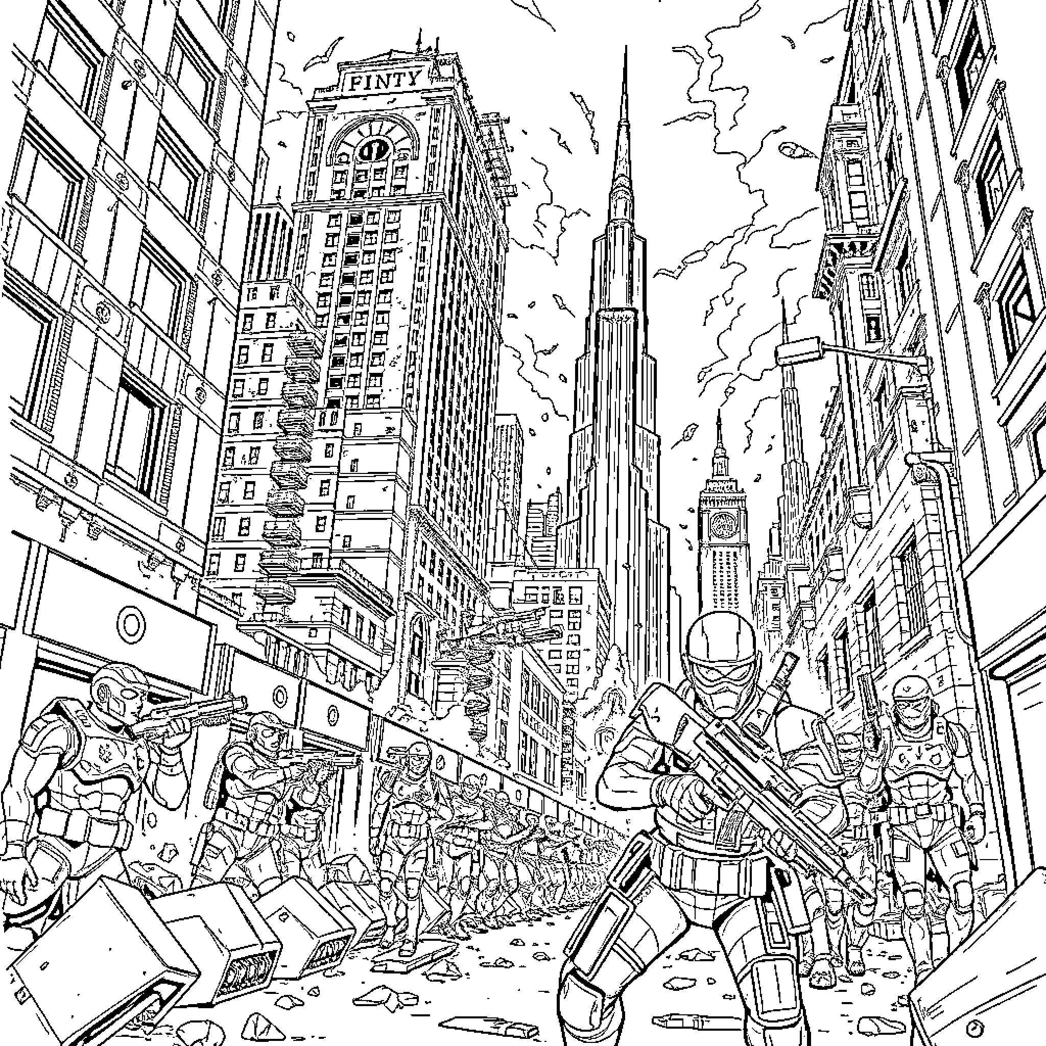 Gordon Freeman leads resistance in dystopian urban setting Coloring Page (free black-and-white line drawing printable PDF for all, from beginners to advanced learners, including children, teens, adults, and seniors)