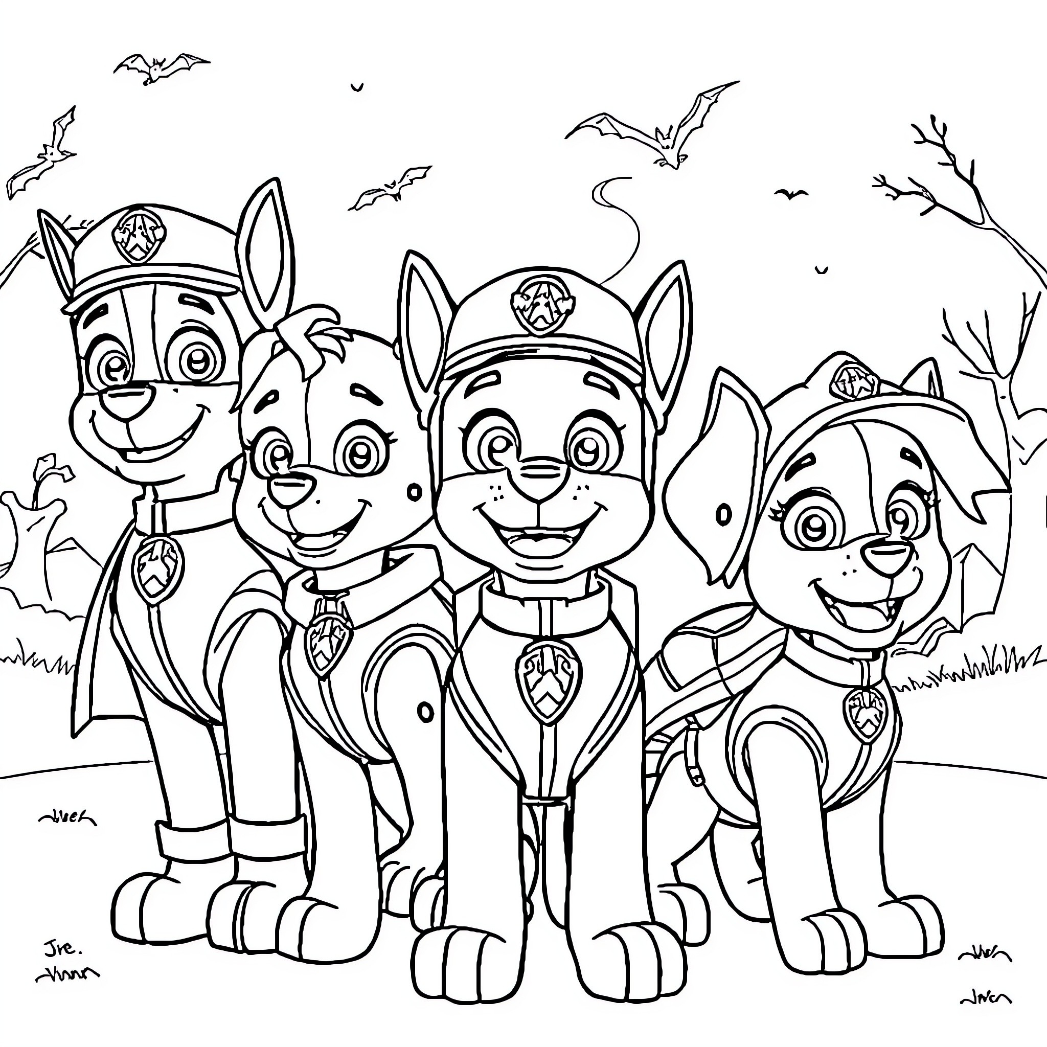 Paw Patrol Pups in Action on Patrol Coloring Page (free black-and-white line drawing printable PDF for all, from beginners to advanced learners, including children, teens, adults, and seniors)