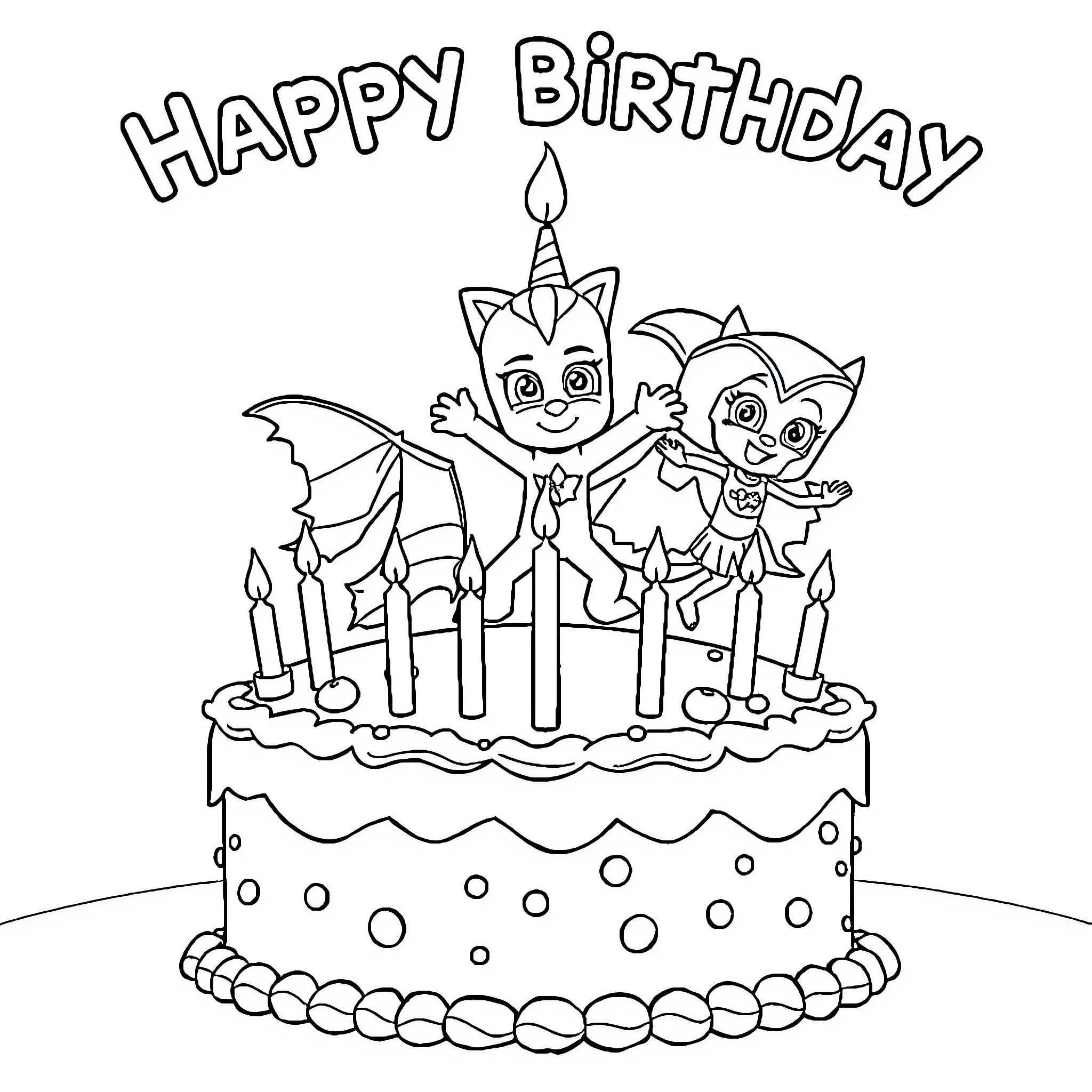 PJ Masks celebrating a birthday with cake and candles Coloring Page (free black-and-white line drawing printable PDF for all, from beginners to advanced learners, including children, teens, adults, and seniors)