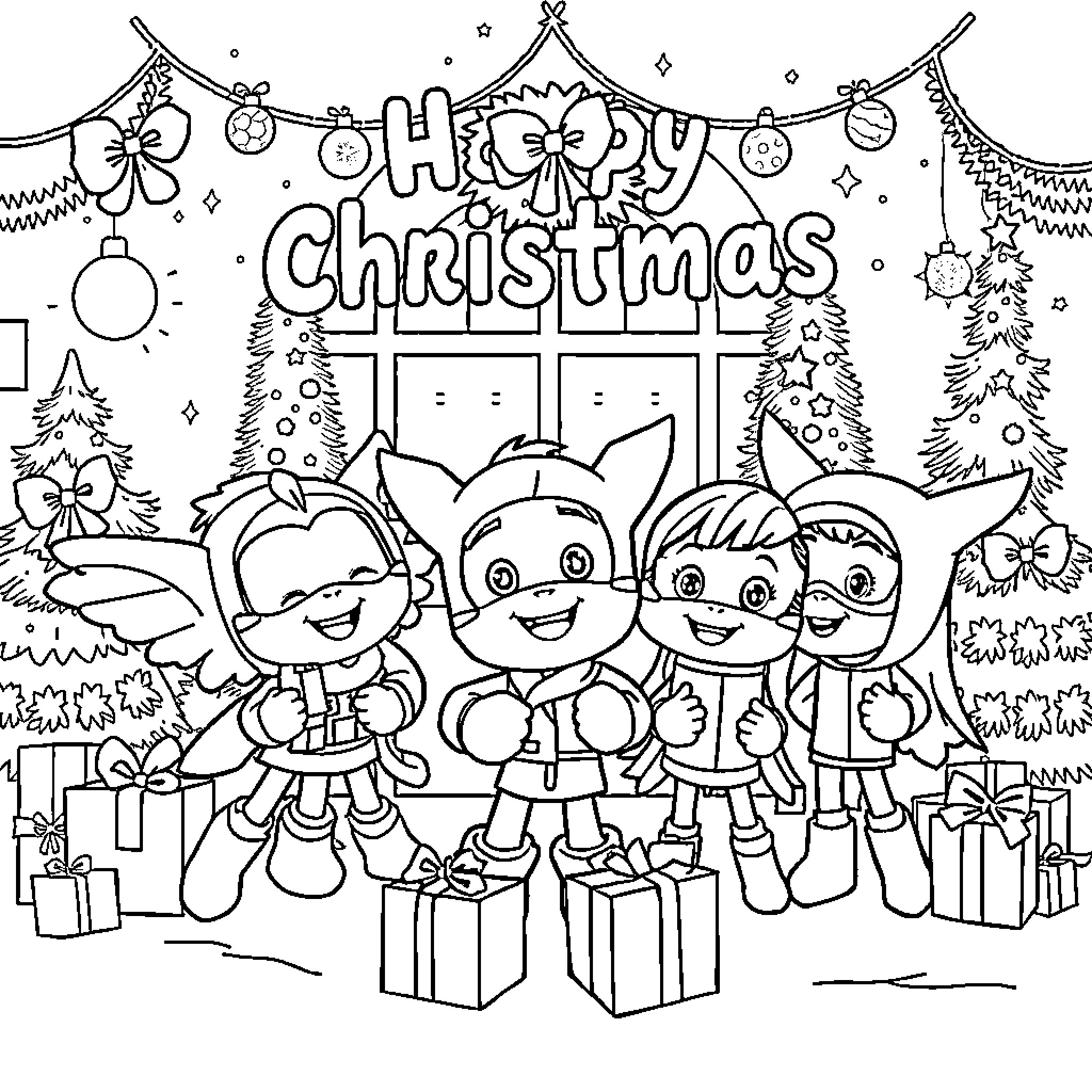 Superwings characters celebrate Christmas together Coloring Page (free black-and-white line drawing printable PDF for all, from beginners to advanced learners, including children, teens, adults, and seniors)