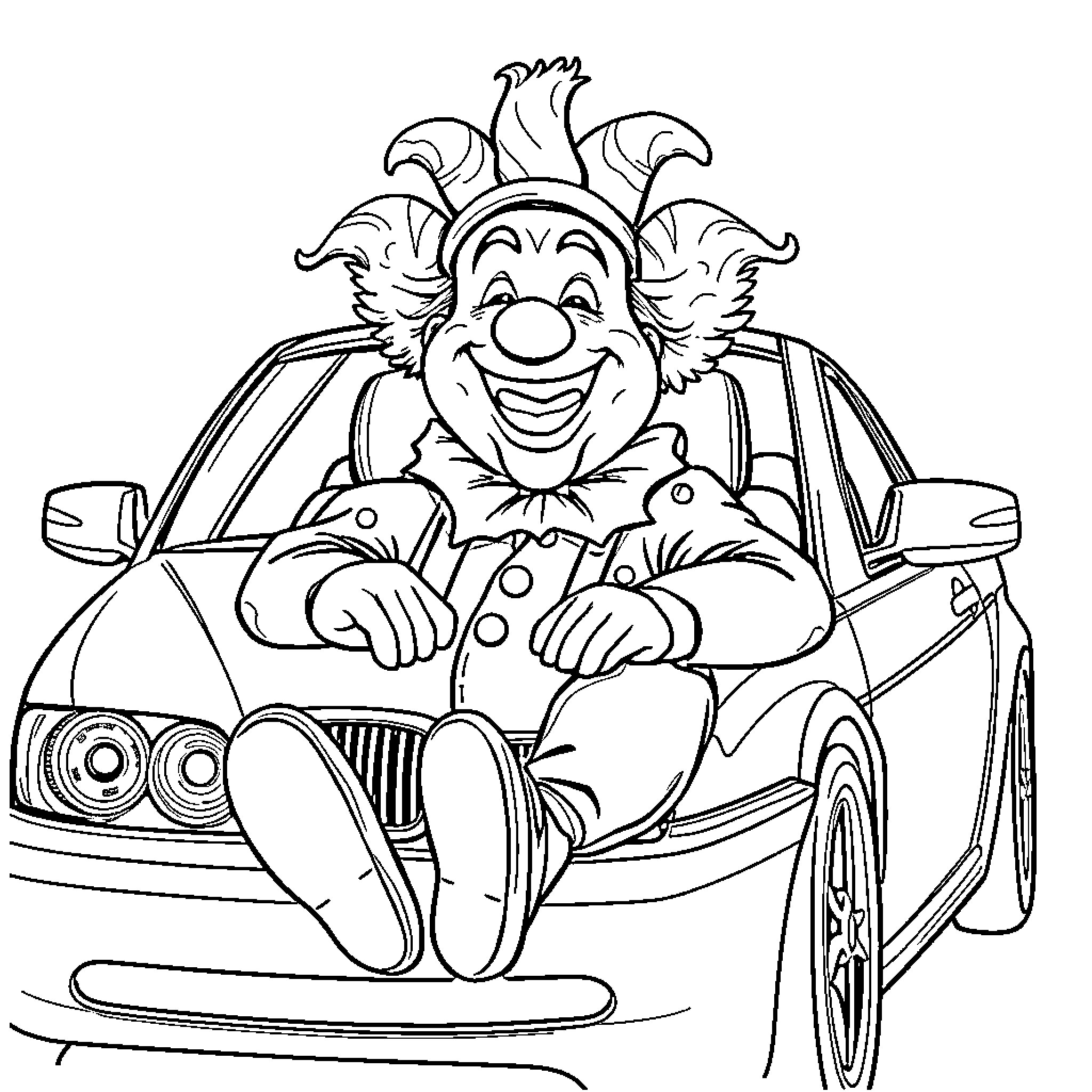 Clown happily riding in a car Coloring Page (free black-and-white line drawing printable PDF for all, from beginners to advanced learners, including children, teens, adults, and seniors)