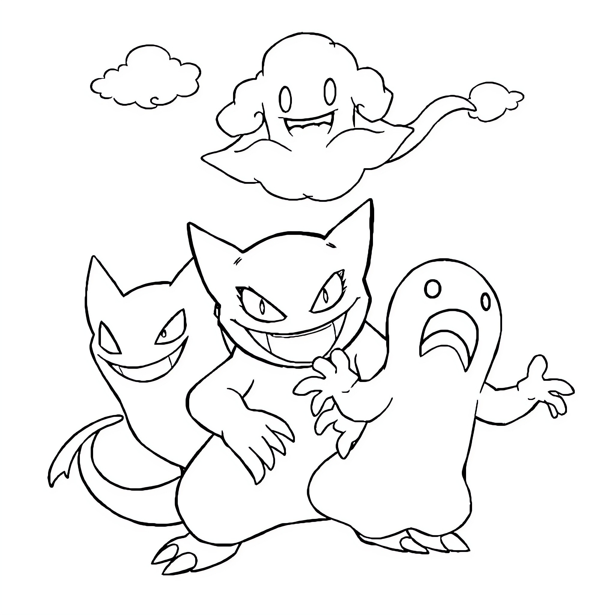Gengar and ghostly companions in a playful scene Coloring Page (free black-and-white line drawing printable PDF for all, from beginners to advanced learners, including children, teens, adults, and seniors)