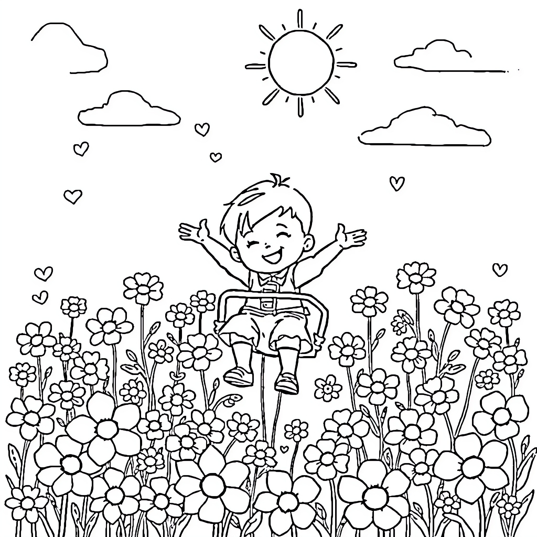 Heart of Happiness in a Flower Field Coloring Page (free black-and-white line drawing printable PDF for all, from beginners to advanced learners, including children, teens, adults, and seniors)