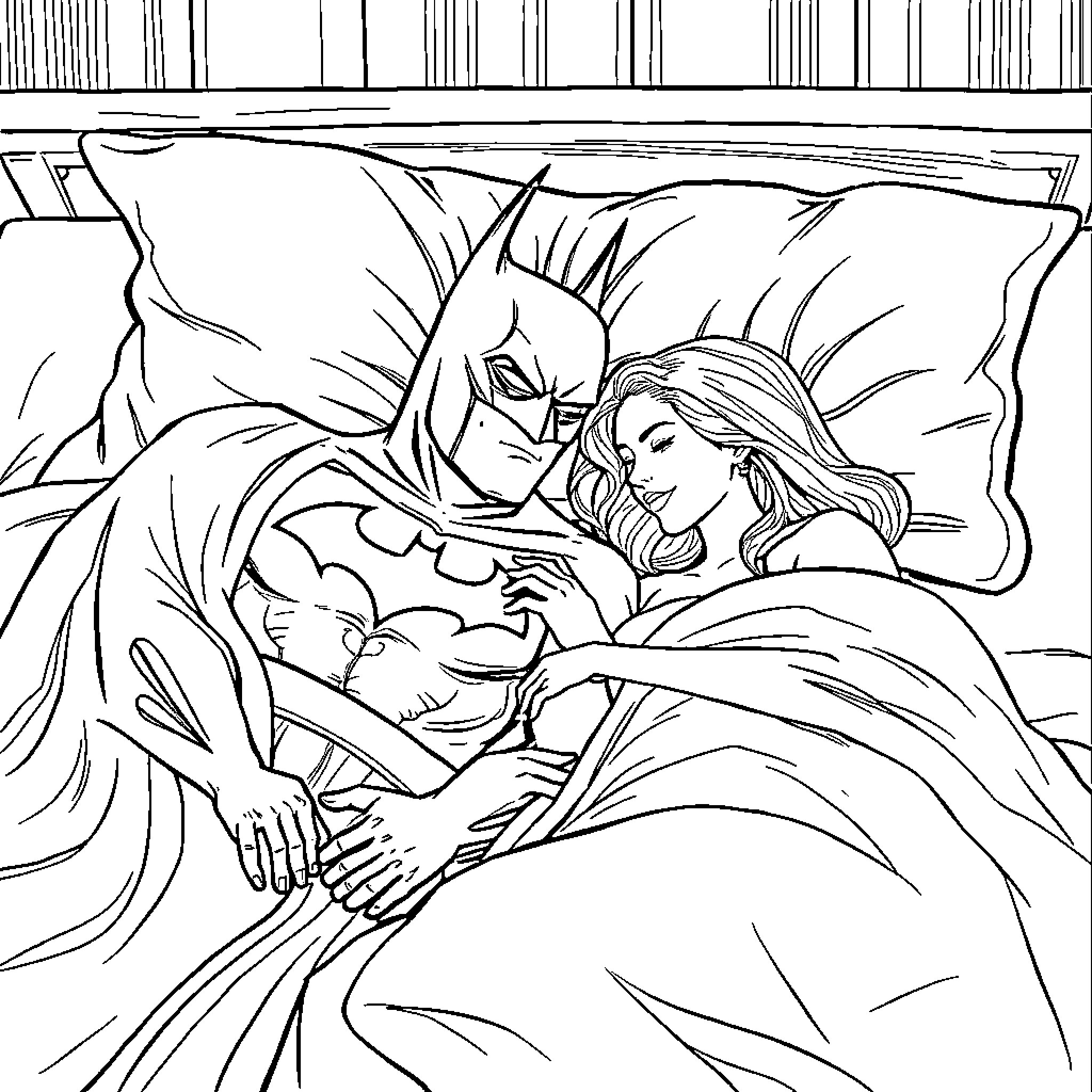 Batman comforting a woman in bed Coloring Page (free black-and-white line drawing printable PDF for all, from beginners to advanced learners, including children, teens, adults, and seniors)