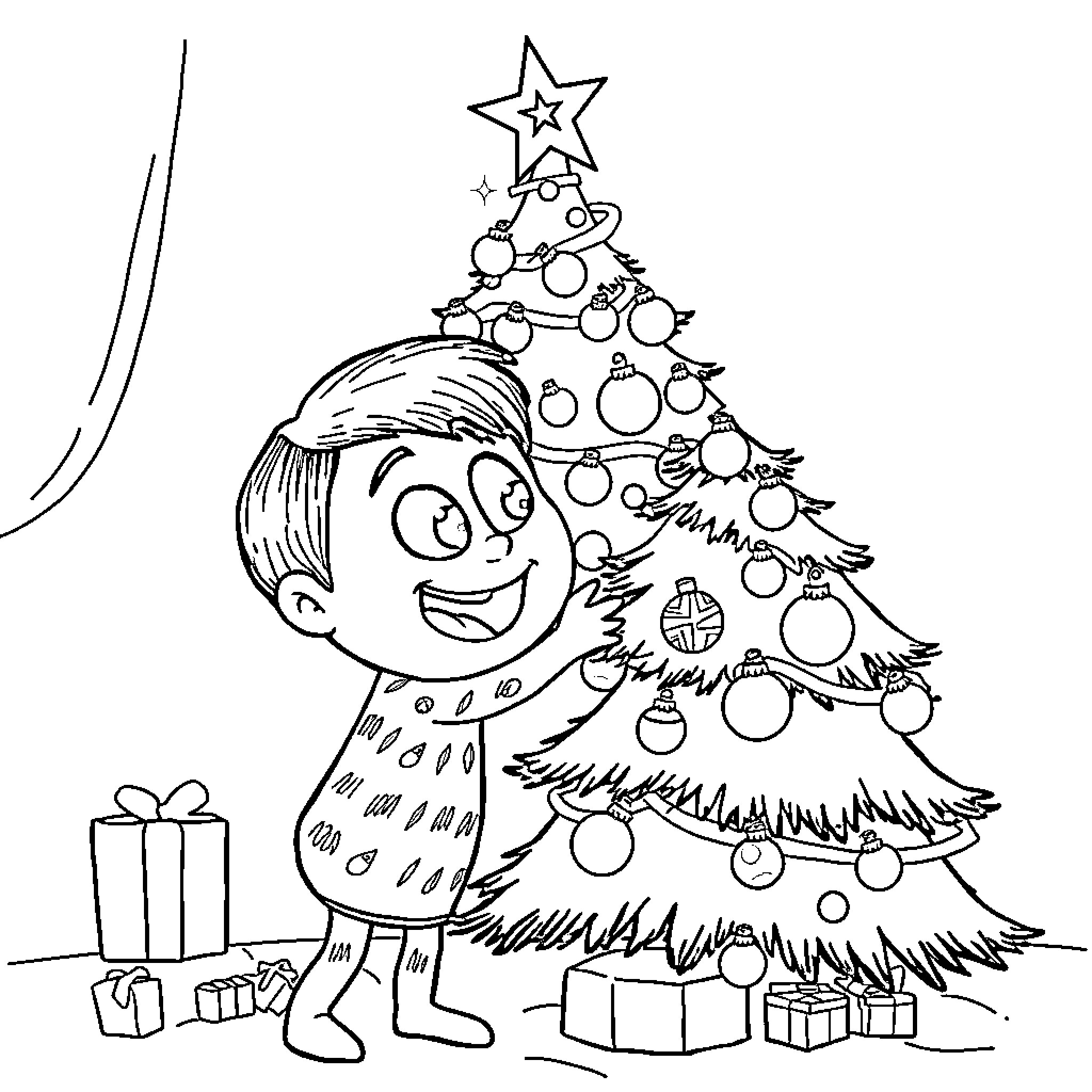 Bing-bong boy decorating Christmas tree with gifts Coloring Page (free black-and-white line drawing printable PDF for all, from beginners to advanced learners, including children, teens, adults, and seniors)