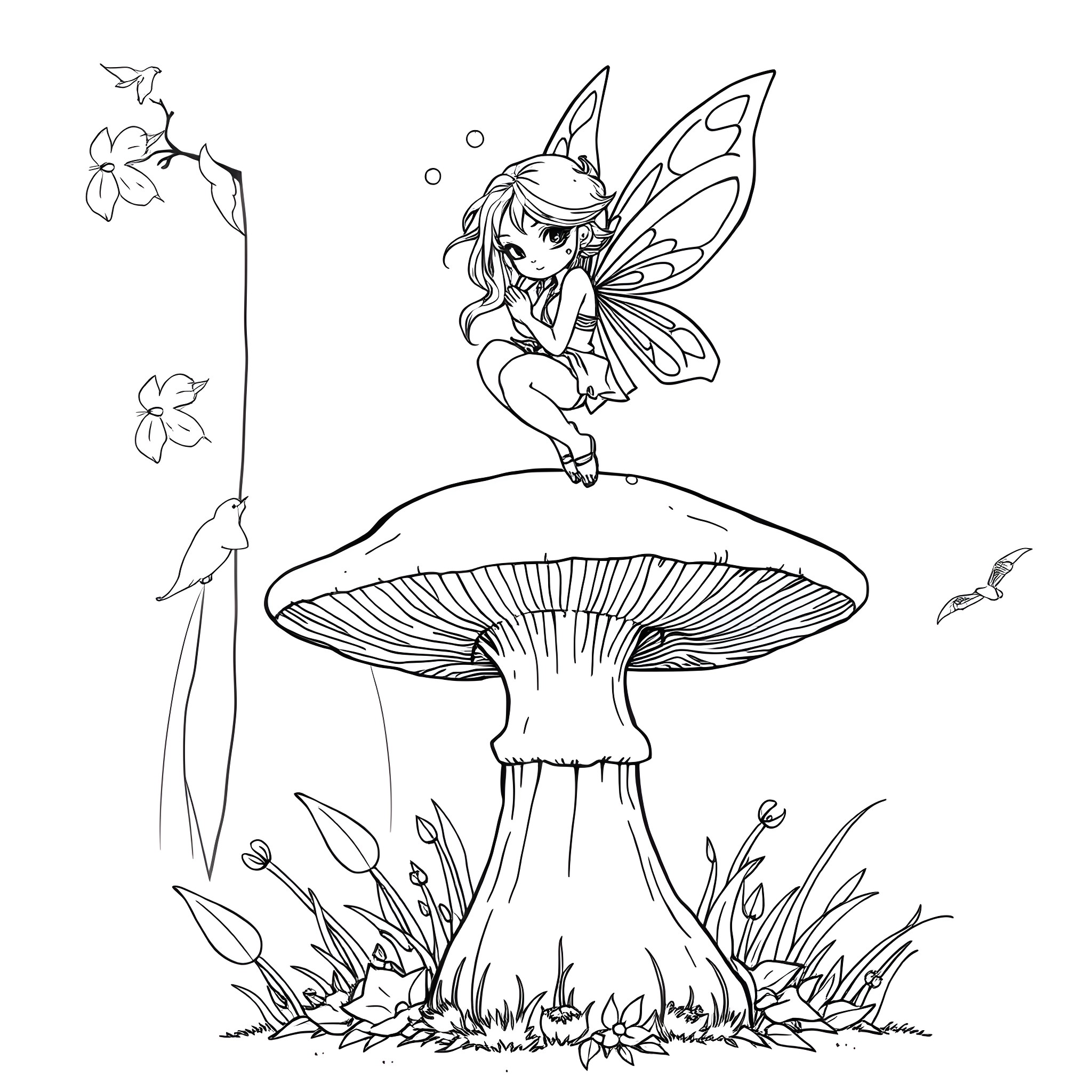 Fairy resting on a giant mushroom in a whimsical garden Coloring Page (free black-and-white line drawing printable PDF for all, from beginners to advanced learners, including children, teens, adults, and seniors)