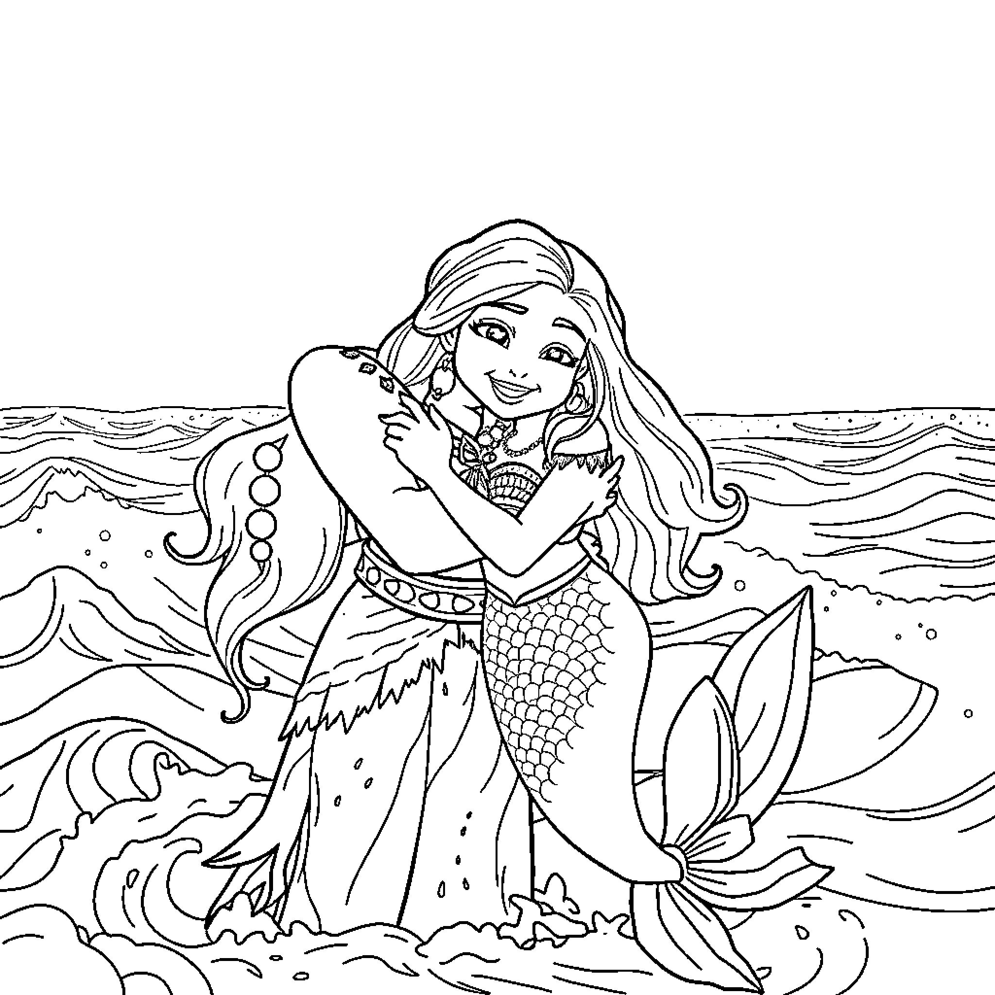 Moana swimming with sea creatures in the ocean Coloring Page (free black-and-white line drawing printable PDF for all, from beginners to advanced learners, including children, teens, adults, and seniors)