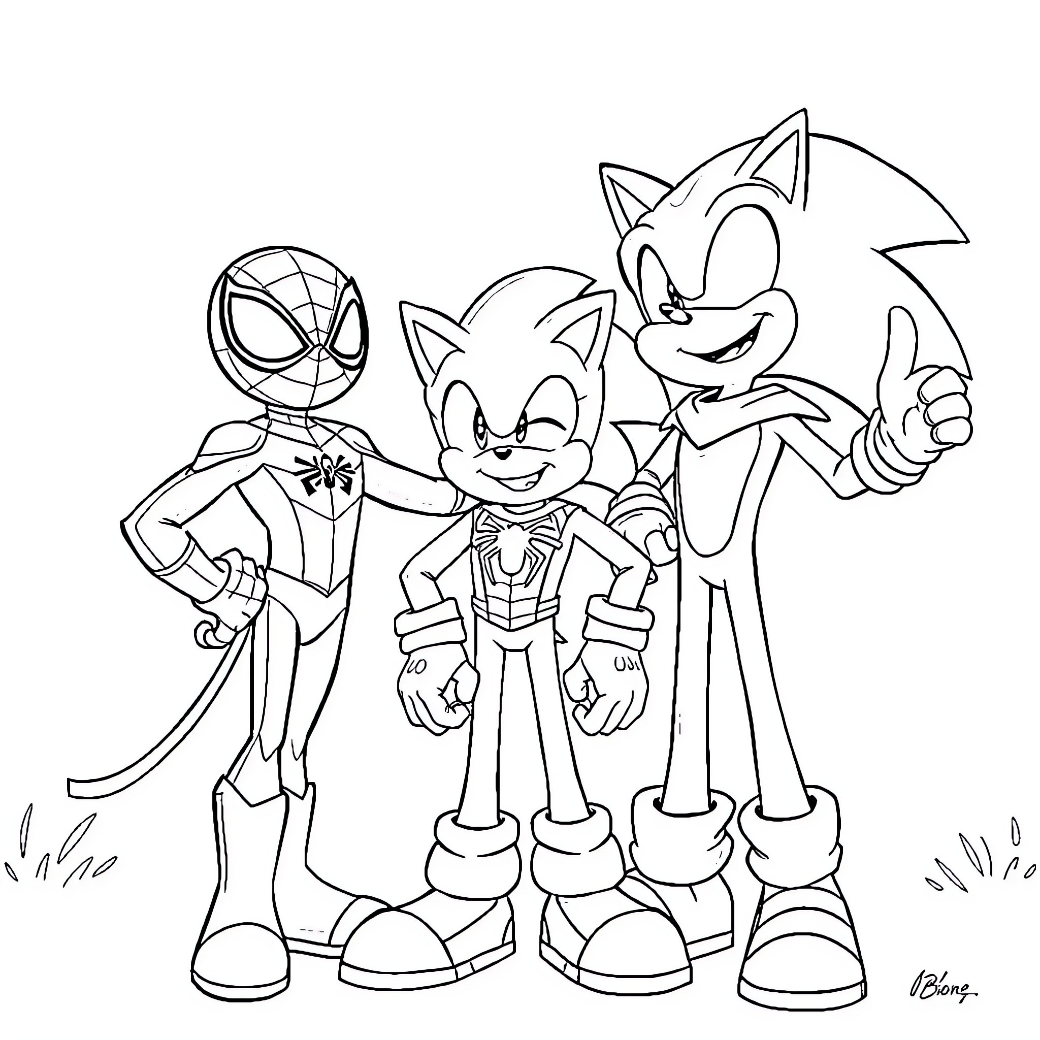 Chase of Superheroes and Speedy Hedgehog Coloring Page (free black-and-white line drawing printable PDF for all, from beginners to advanced learners, including children, teens, adults, and seniors)