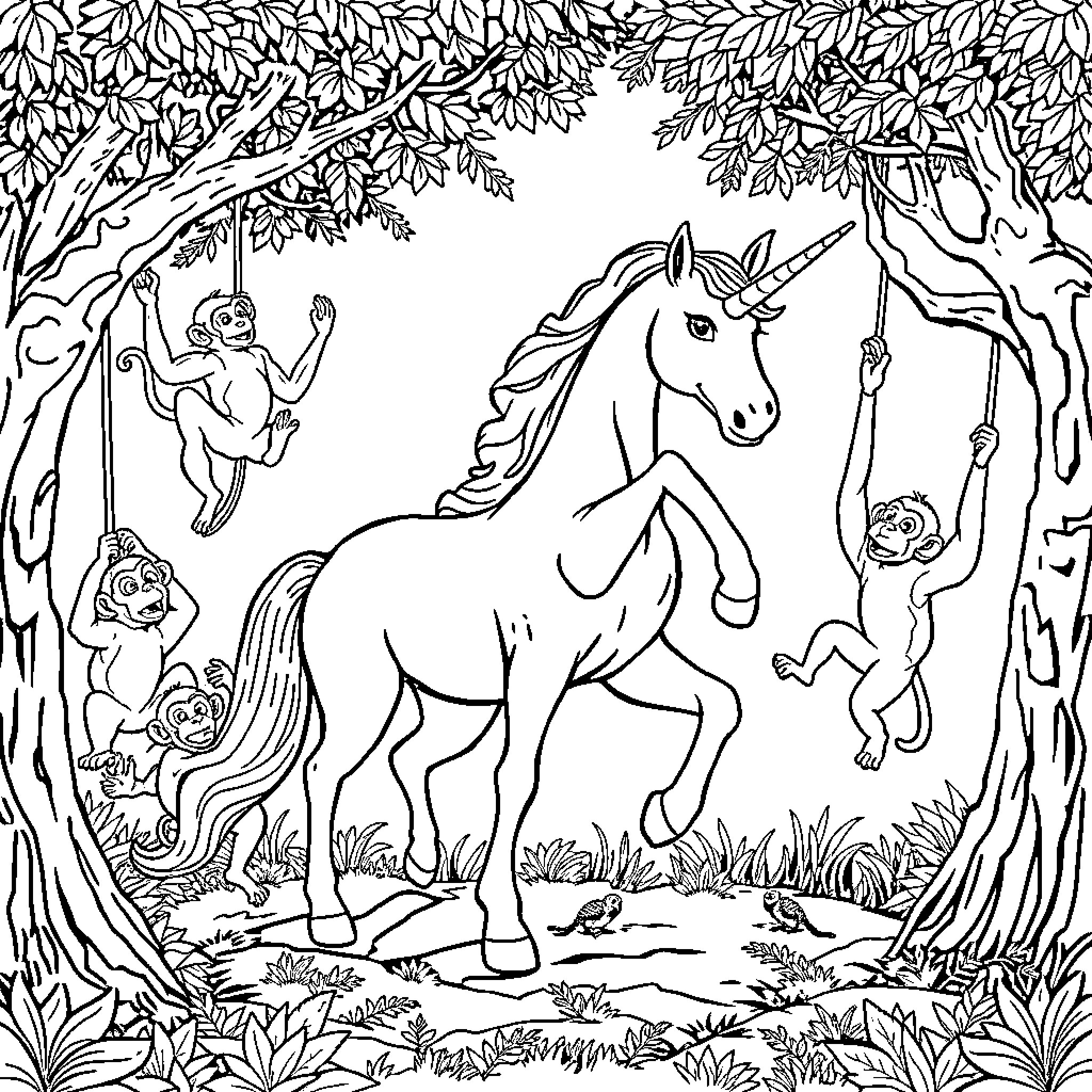 Unicorn prancing through whimsical forest with playful monkeys Coloring Page (free black-and-white line drawing printable PDF for all, from beginners to advanced learners, including children, teens, adults, and seniors)