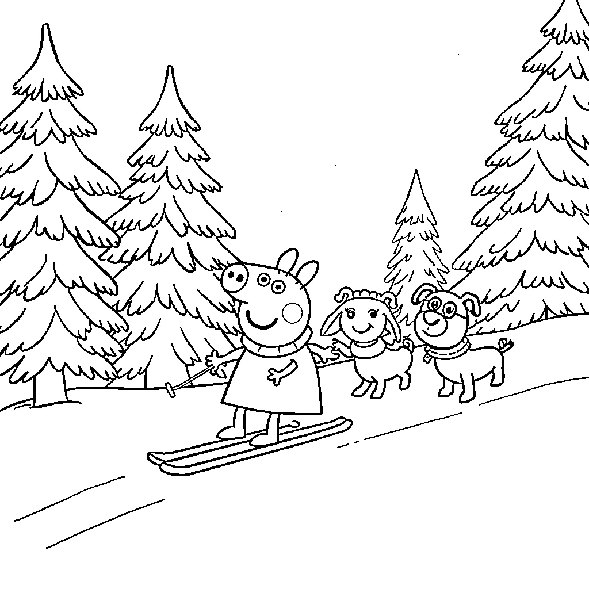 Peppa Pig family skiing in the snowy forest Coloring Page (free black-and-white line drawing printable PDF for all, from beginners to advanced learners, including children, teens, adults, and seniors)