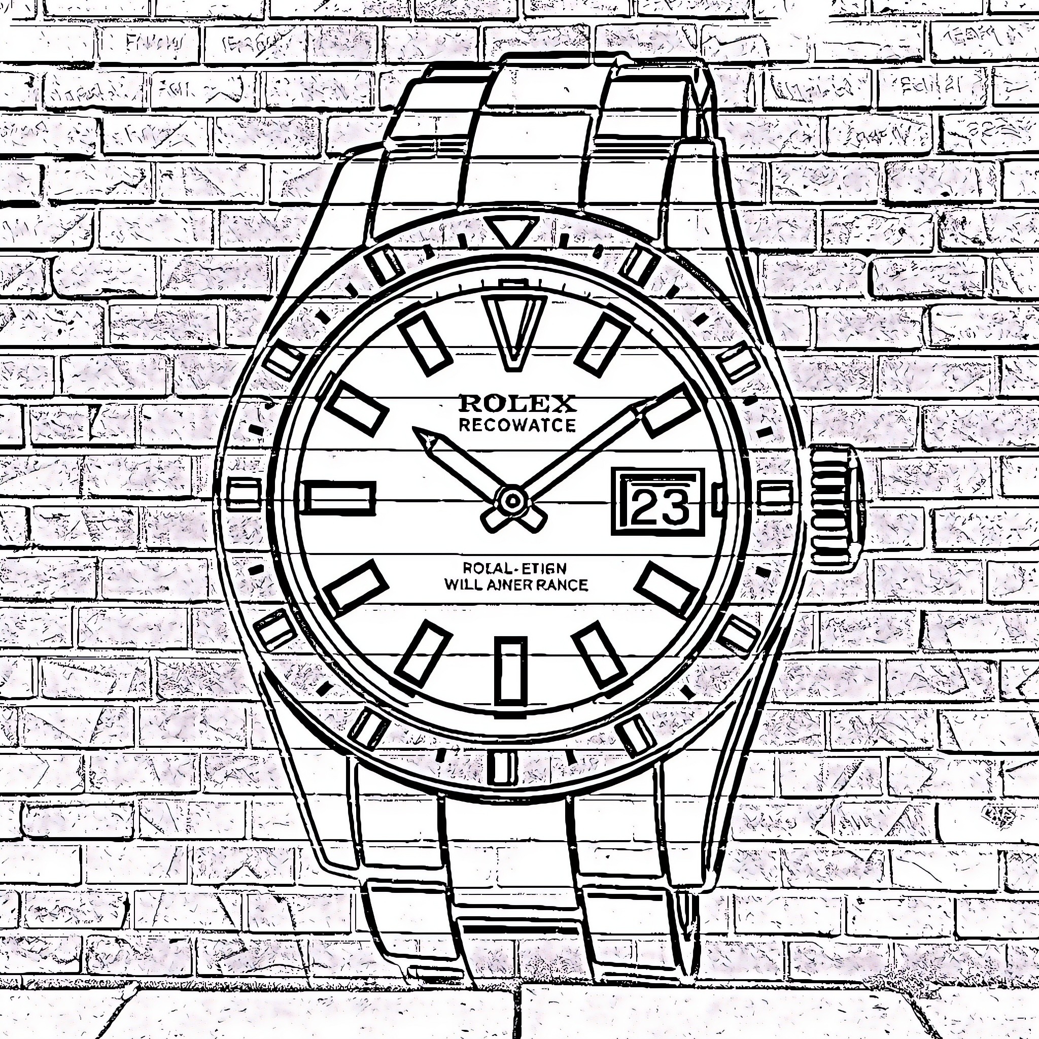 Rolex Watch on Brick Wall Coloring Page (free black-and-white line drawing printable PDF for all, from beginners to advanced learners, including children, teens, adults, and seniors)