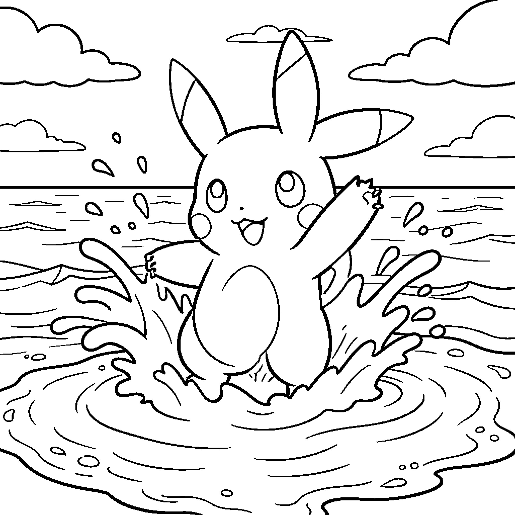 Pokémon splashing happily in the ocean waves Coloring Page (free black-and-white line drawing printable PDF for all, from beginners to advanced learners, including children, teens, adults, and seniors)