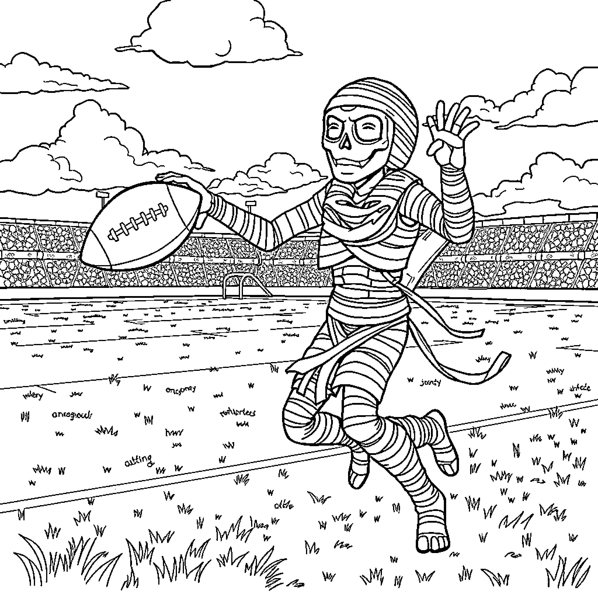 Mummy playing with football on the field Coloring Page (free black-and-white line drawing printable PDF for all, from beginners to advanced learners, including children, teens, adults, and seniors)