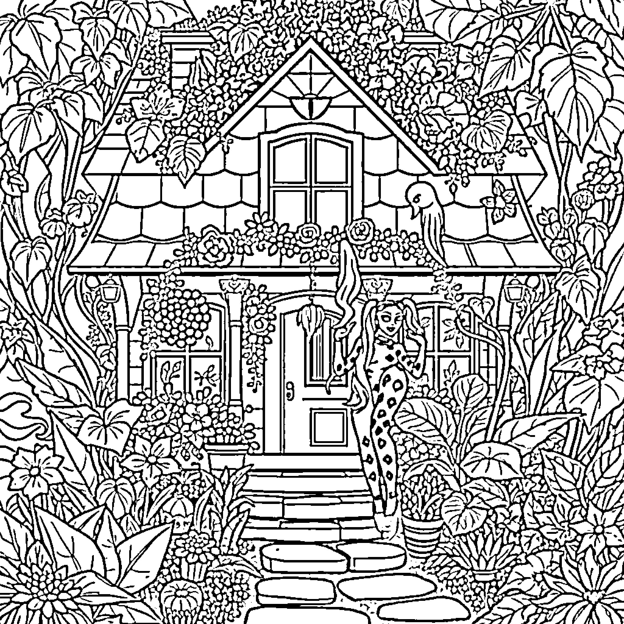 Harley Quinn's Enchanted Cottage in the Jungle Coloring Page (free black-and-white line drawing printable PDF for all, from beginners to advanced learners, including children, teens, adults, and seniors)