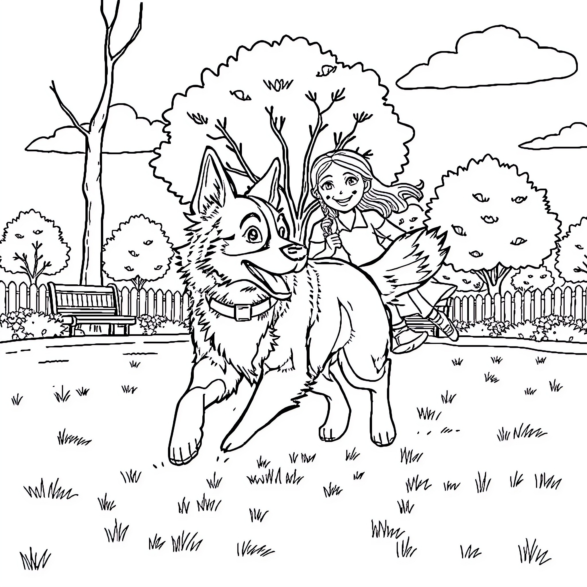 Border Collie and Girl Exploring the Outdoors Coloring Page (free black-and-white line drawing printable PDF for all, from beginners to advanced learners, including children, teens, adults, and seniors)