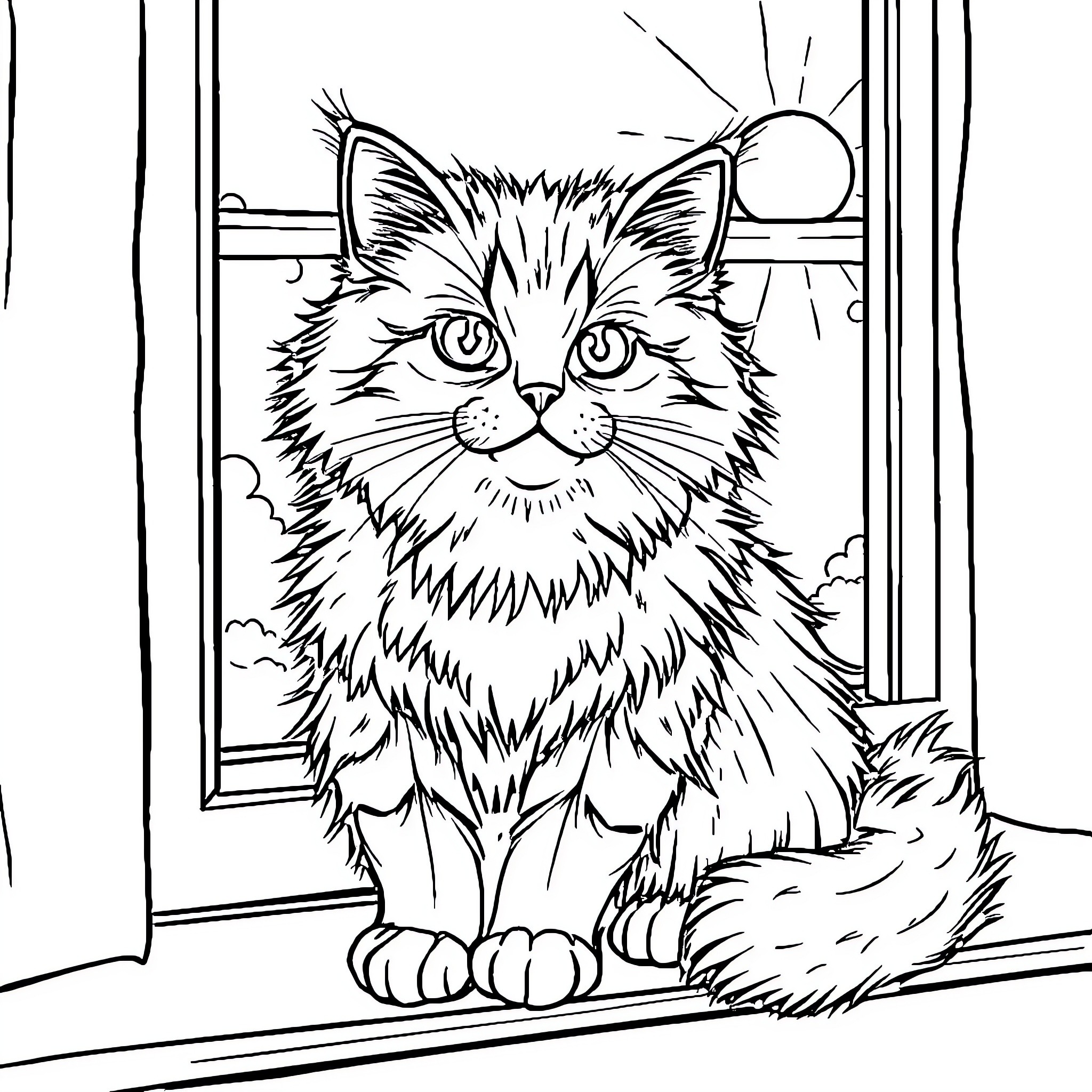 Cat looking out the window Coloring Page (free black-and-white line drawing printable PDF for all, from beginners to advanced learners, including children, teens, adults, and seniors)