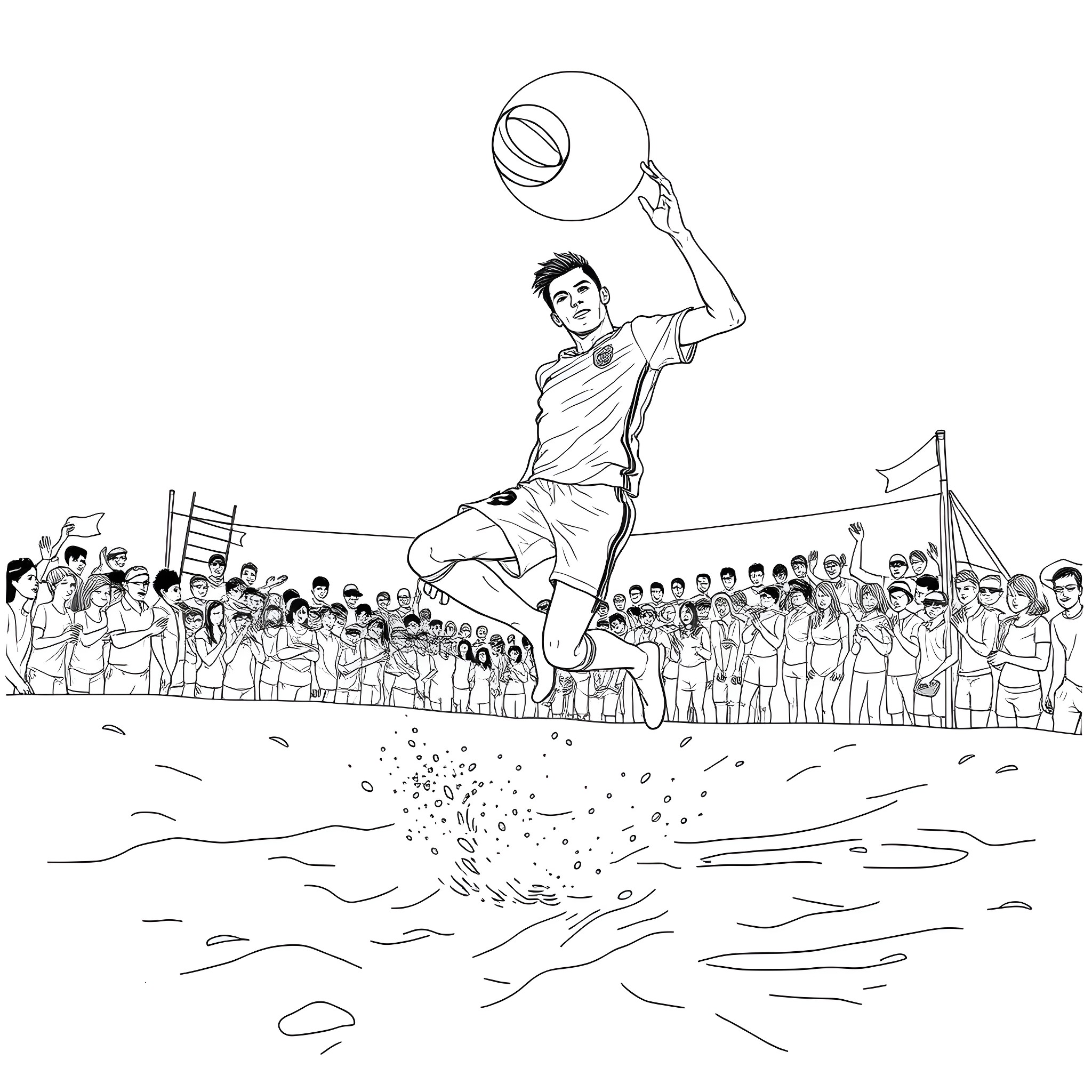 Cristiano Ronaldo Scoring a Goal in Front of Cheering Crowd Coloring Page (free black-and-white line drawing printable PDF for all, from beginners to advanced learners, including children, teens, adults, and seniors)