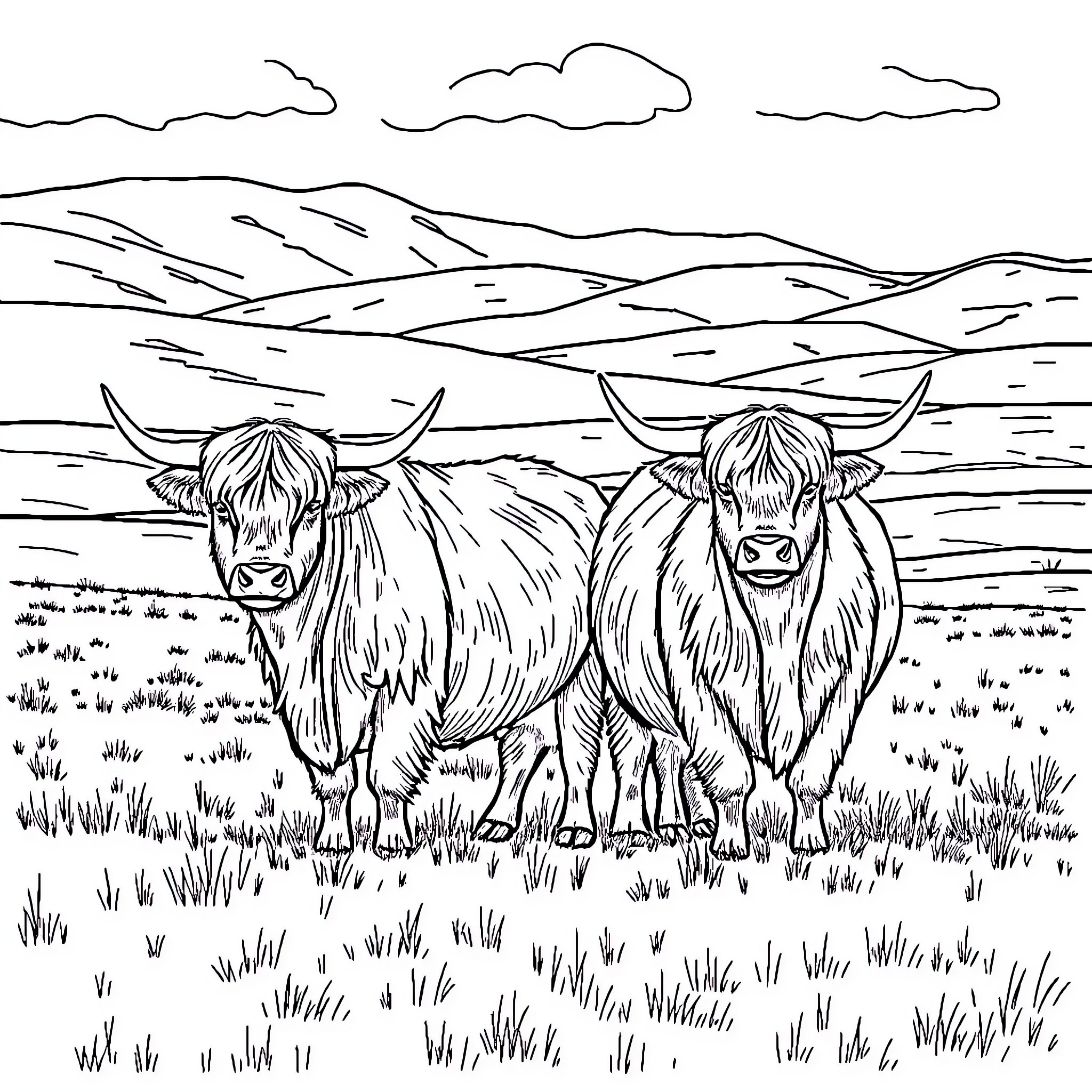 Scottish Highland Cattle in a scenic landscape Coloring Page (free black-and-white line drawing printable PDF for all, from beginners to advanced learners, including children, teens, adults, and seniors)