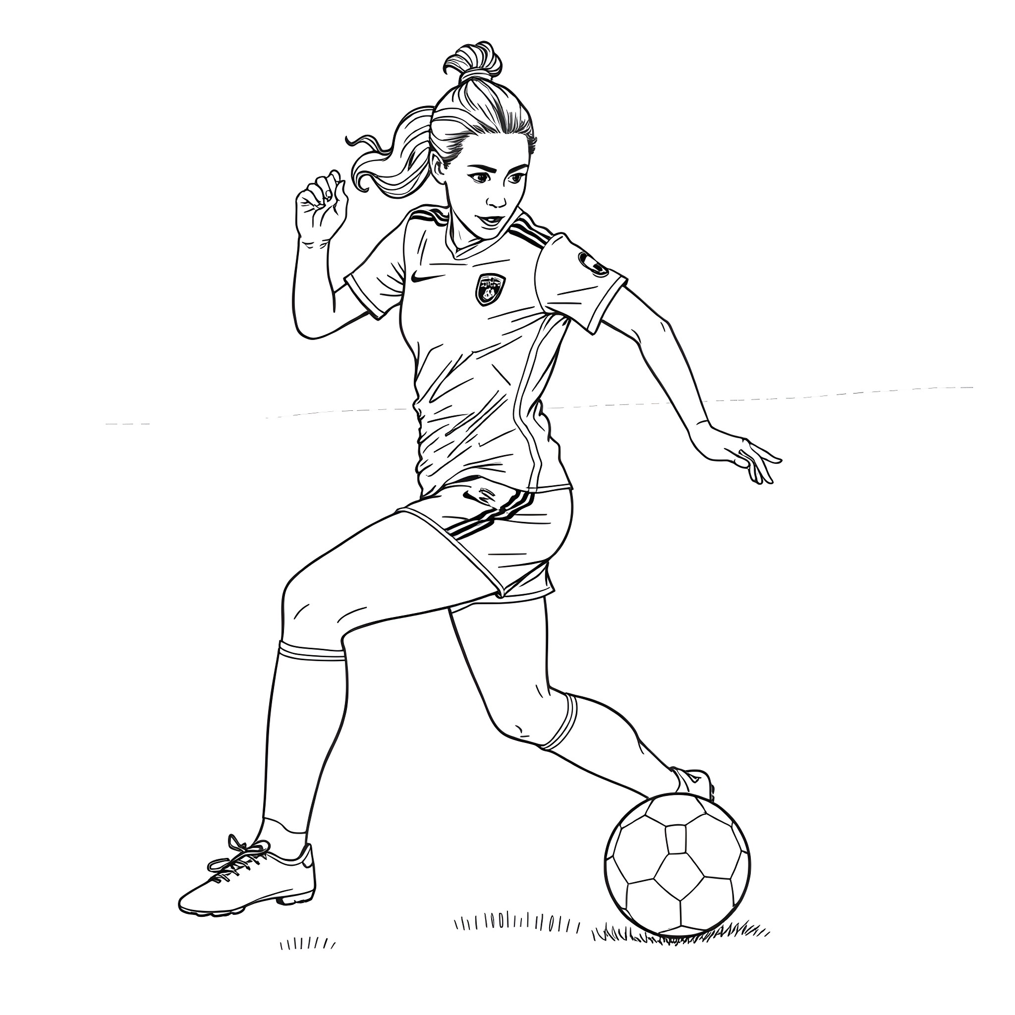 Lucy Bronze in Action Pose with Soccer Ball Coloring Page (free black-and-white line drawing printable PDF for all, from beginners to advanced learners, including children, teens, adults, and seniors)