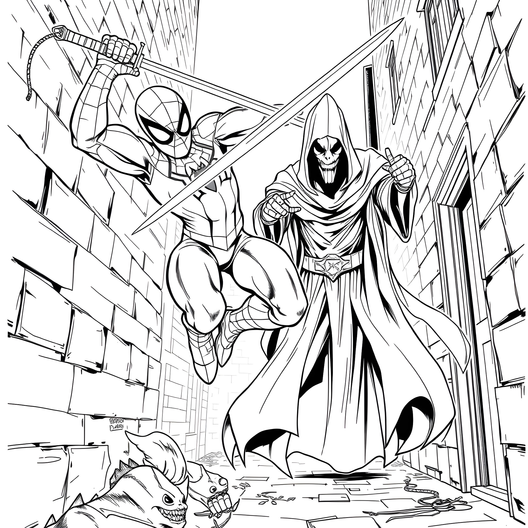 Spider-Man battling villains in a dark alley Coloring Page (free black-and-white line drawing printable PDF for all, from beginners to advanced learners, including children, teens, adults, and seniors)