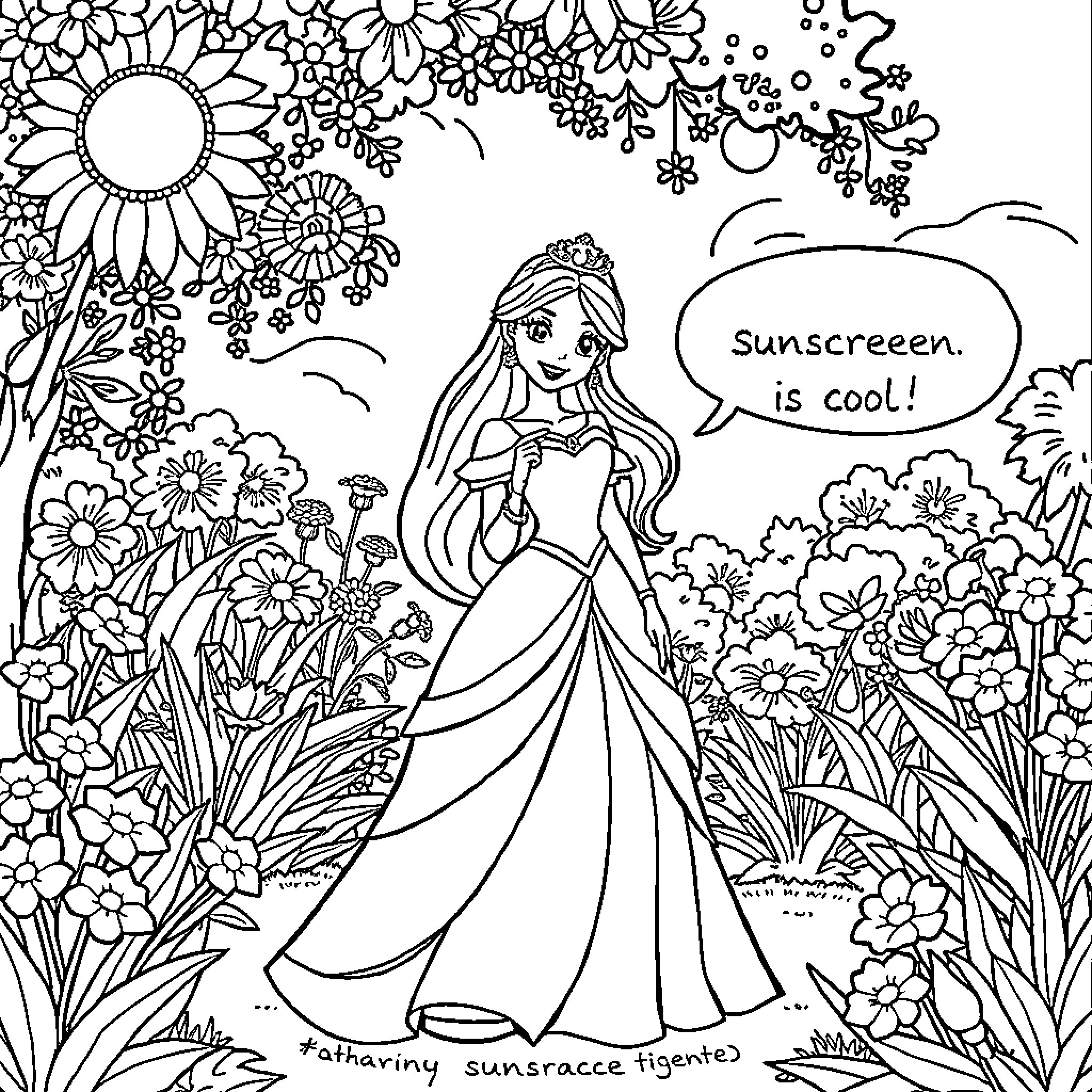 Princess Enjoys Sunscreen on Floral Spring Day Coloring Page (free black-and-white line drawing printable PDF for all, from beginners to advanced learners, including children, teens, adults, and seniors)