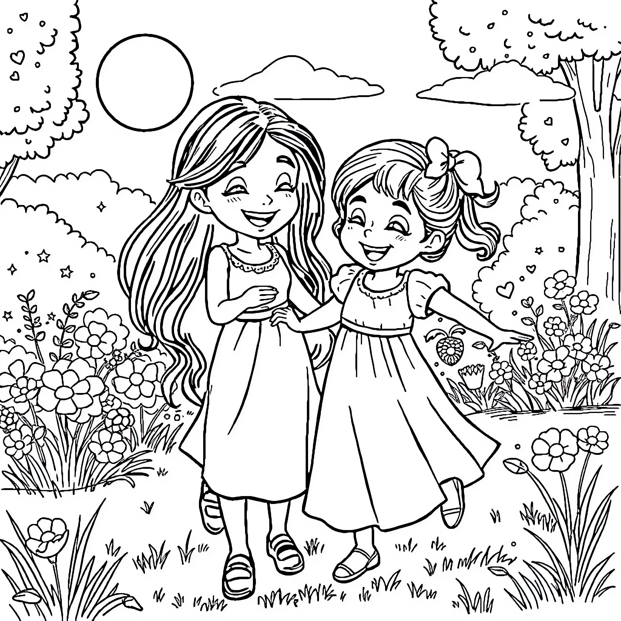 Vanessa and her friend enjoying the outdoors Coloring Page (free black-and-white line drawing printable PDF for all, from beginners to advanced learners, including children, teens, adults, and seniors)