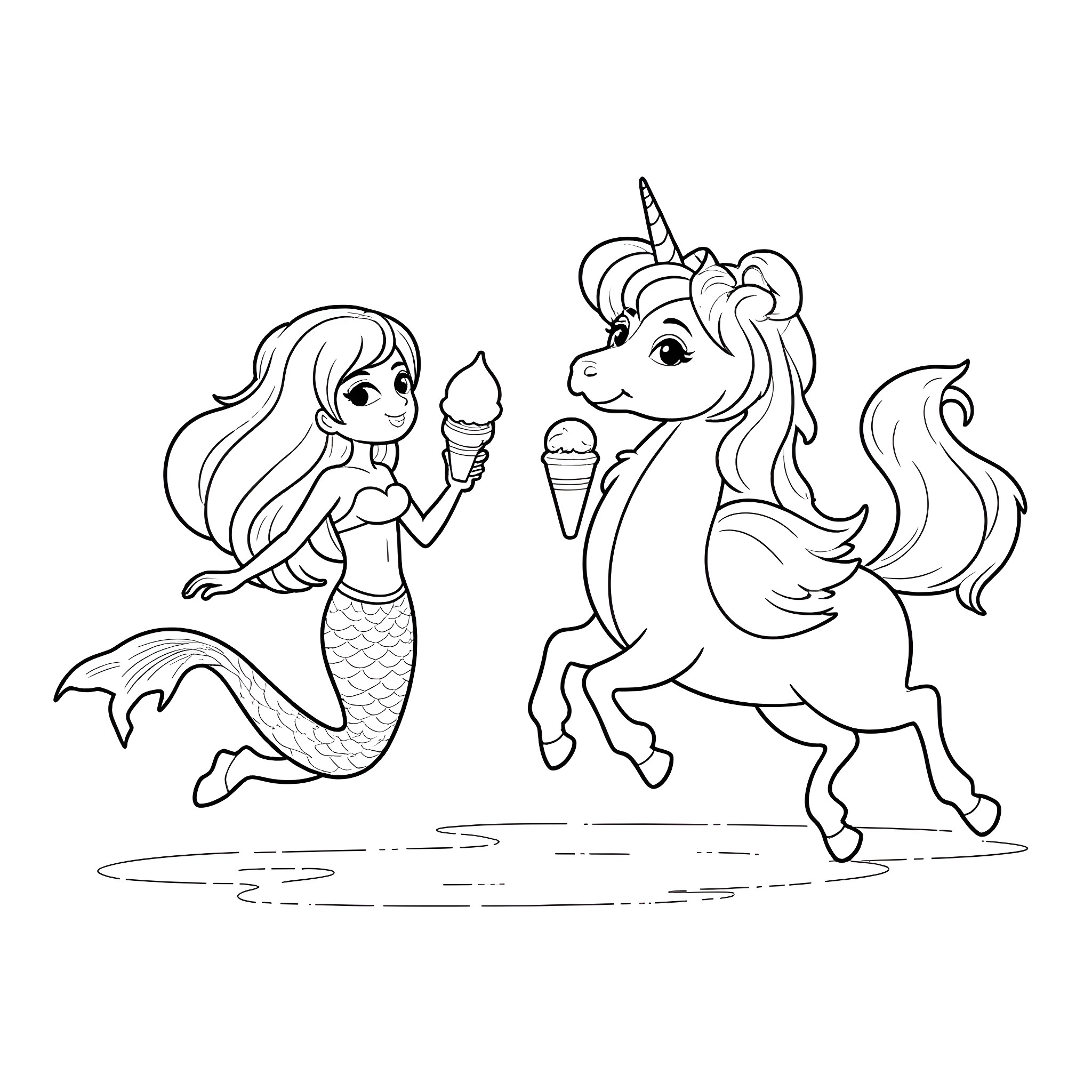 Mermaid enjoying ice cream with a playful unicorn Coloring Page (free black-and-white line drawing printable PDF for all, from beginners to advanced learners, including children, teens, adults, and seniors)