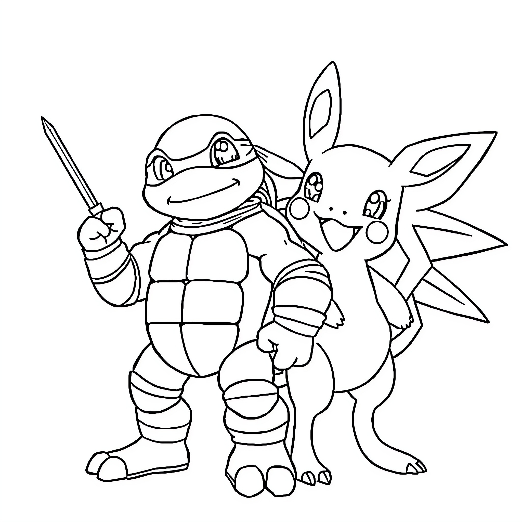 Ninja Turtle and Pokemon friends in action Coloring Page (free black-and-white line drawing printable PDF for all, from beginners to advanced learners, including children, teens, adults, and seniors)