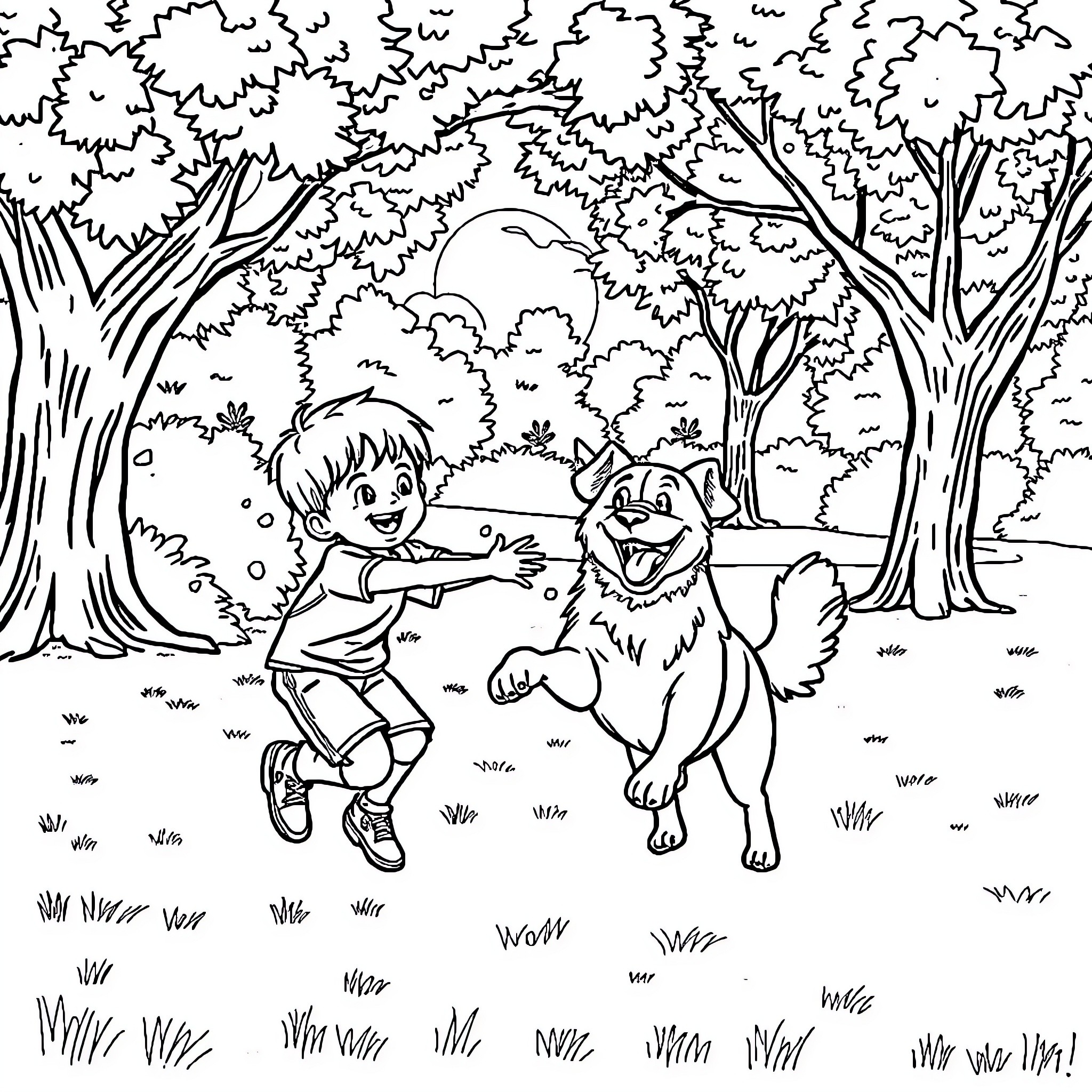 Boy Playing Happily with Pet Dog in Forest Coloring Page (free black-and-white line drawing printable PDF for all, from beginners to advanced learners, including children, teens, adults, and seniors)