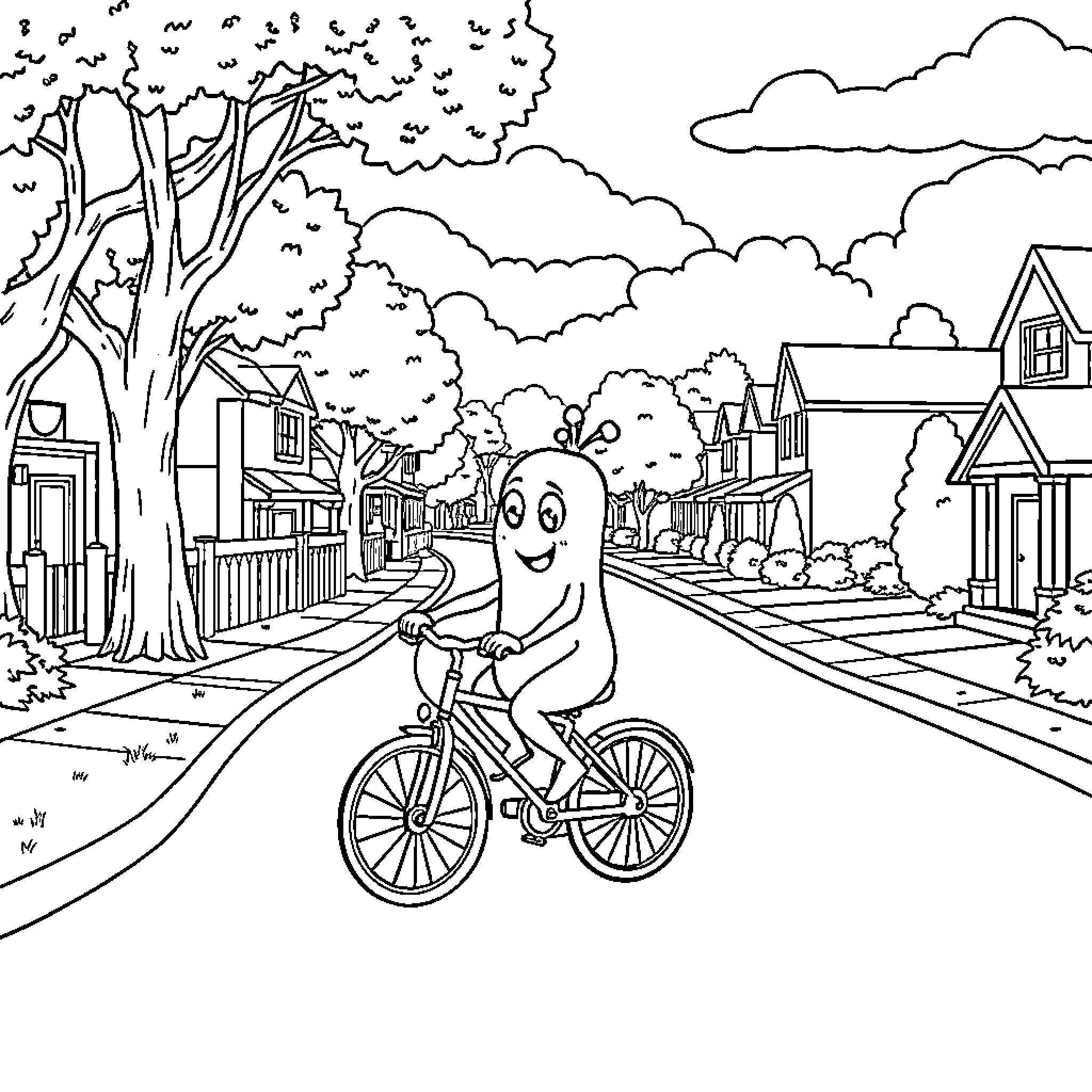 Pickle's Joyful Bike Ride Through Town Coloring Page (free black-and-white line drawing printable PDF for all, from beginners to advanced learners, including children, teens, adults, and seniors)