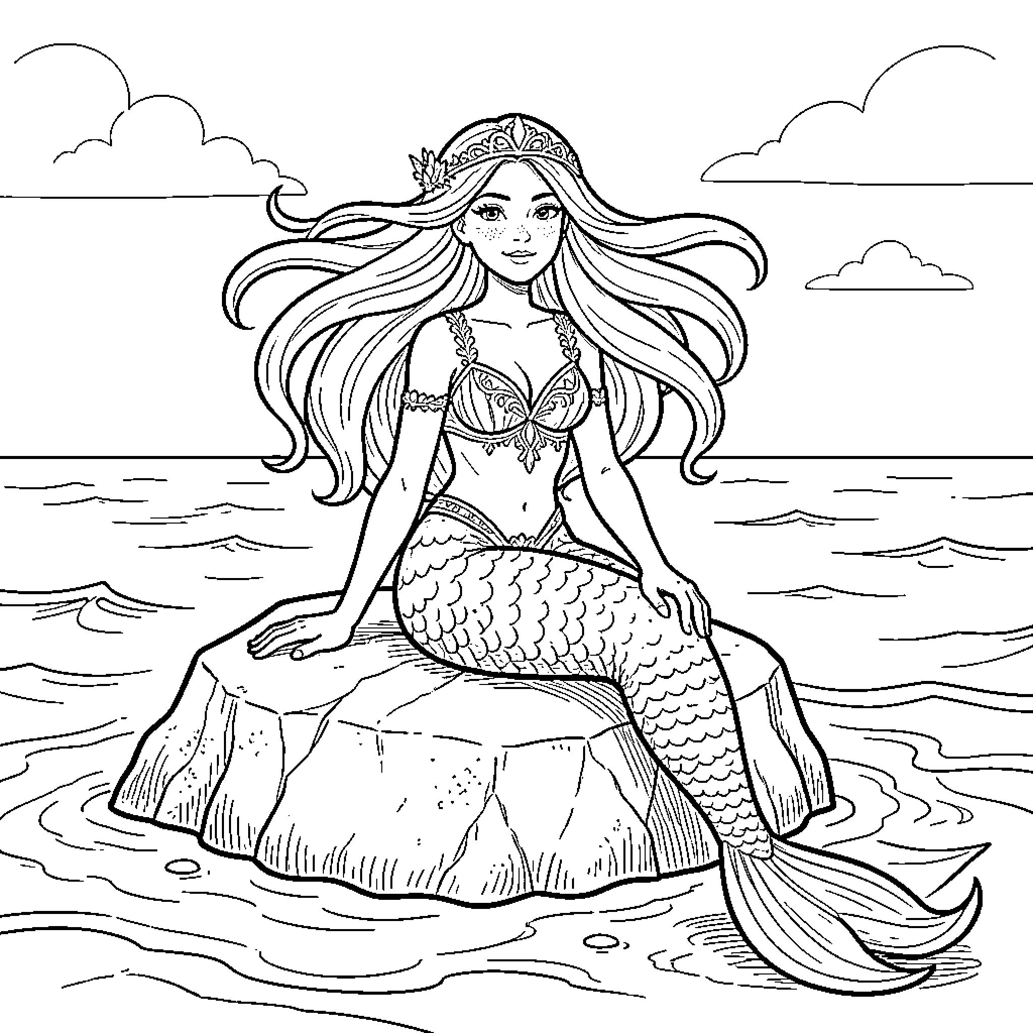 Mermaid sitting gracefully on a rock by the ocean Coloring Page (free black-and-white line drawing printable PDF for all, from beginners to advanced learners, including children, teens, adults, and seniors)