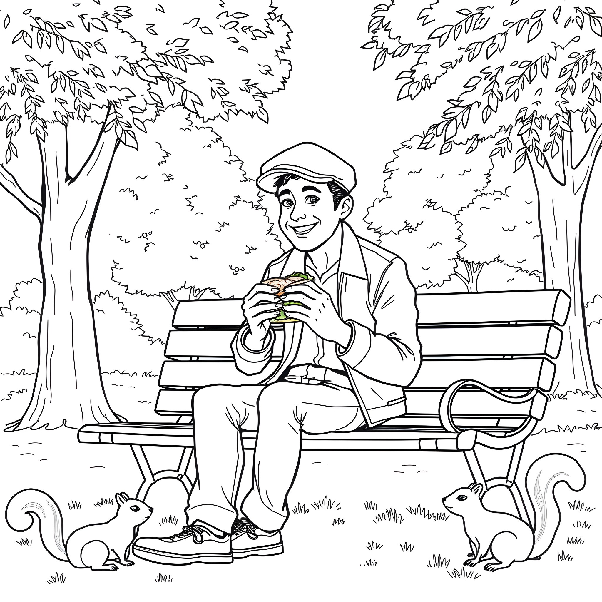 Man enjoying nature and relaxing on a park bench Coloring Page (free black-and-white line drawing printable PDF for all, from beginners to advanced learners, including children, teens, adults, and seniors)