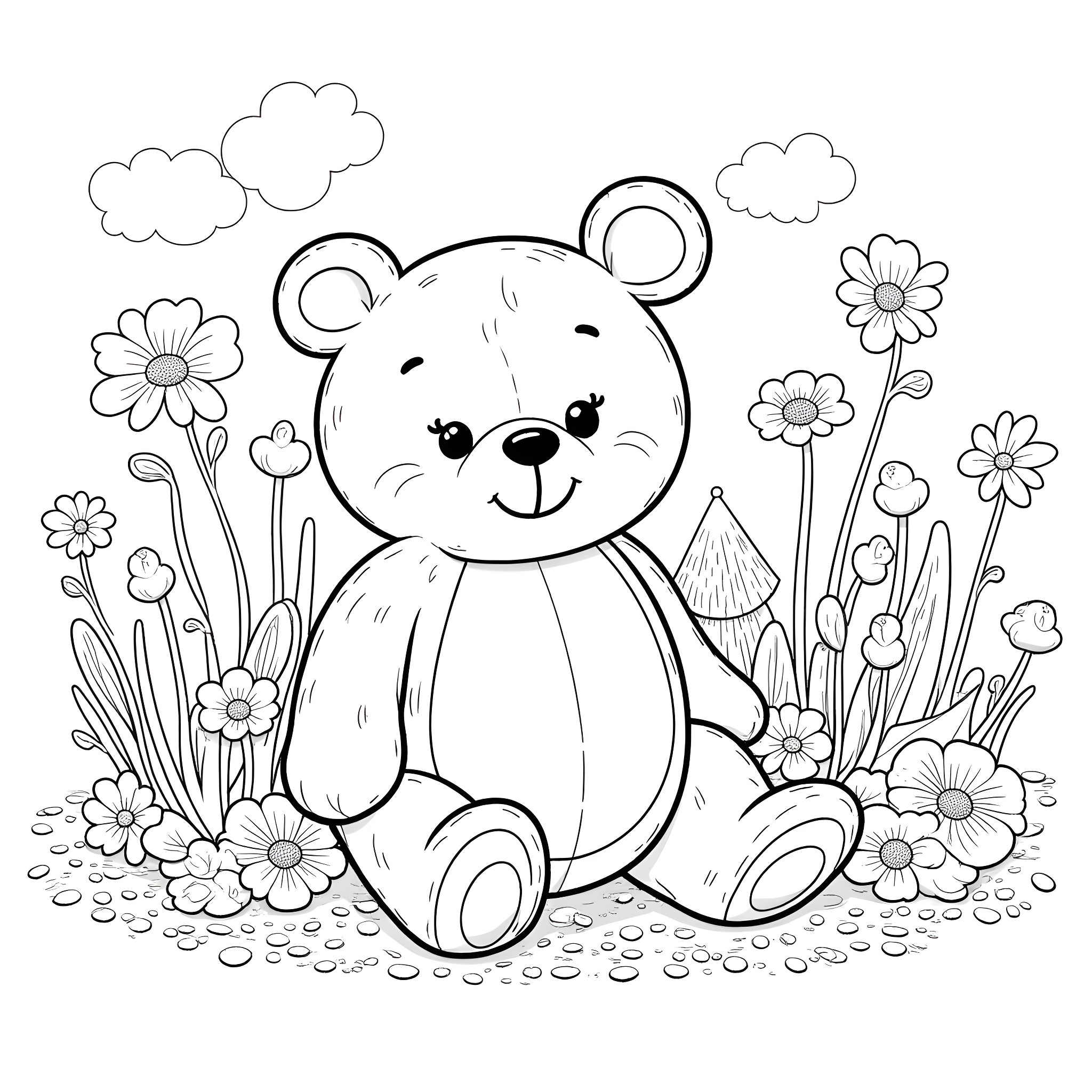 Teddy Bear Surrounded by Flowers and Nature Coloring Page (free black-and-white line drawing printable PDF for all, from beginners to advanced learners, including children, teens, adults, and seniors)
