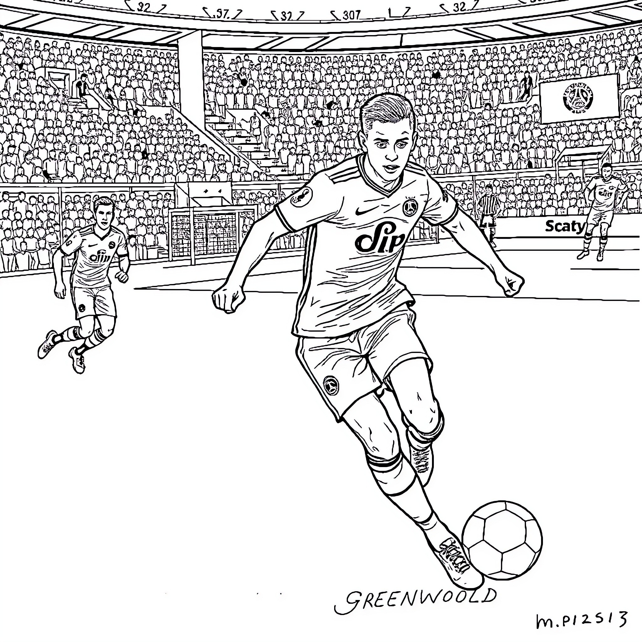 Om Football Players Competing on Field Coloring Page (free black-and-white line drawing printable PDF for all, from beginners to advanced learners, including children, teens, adults, and seniors)