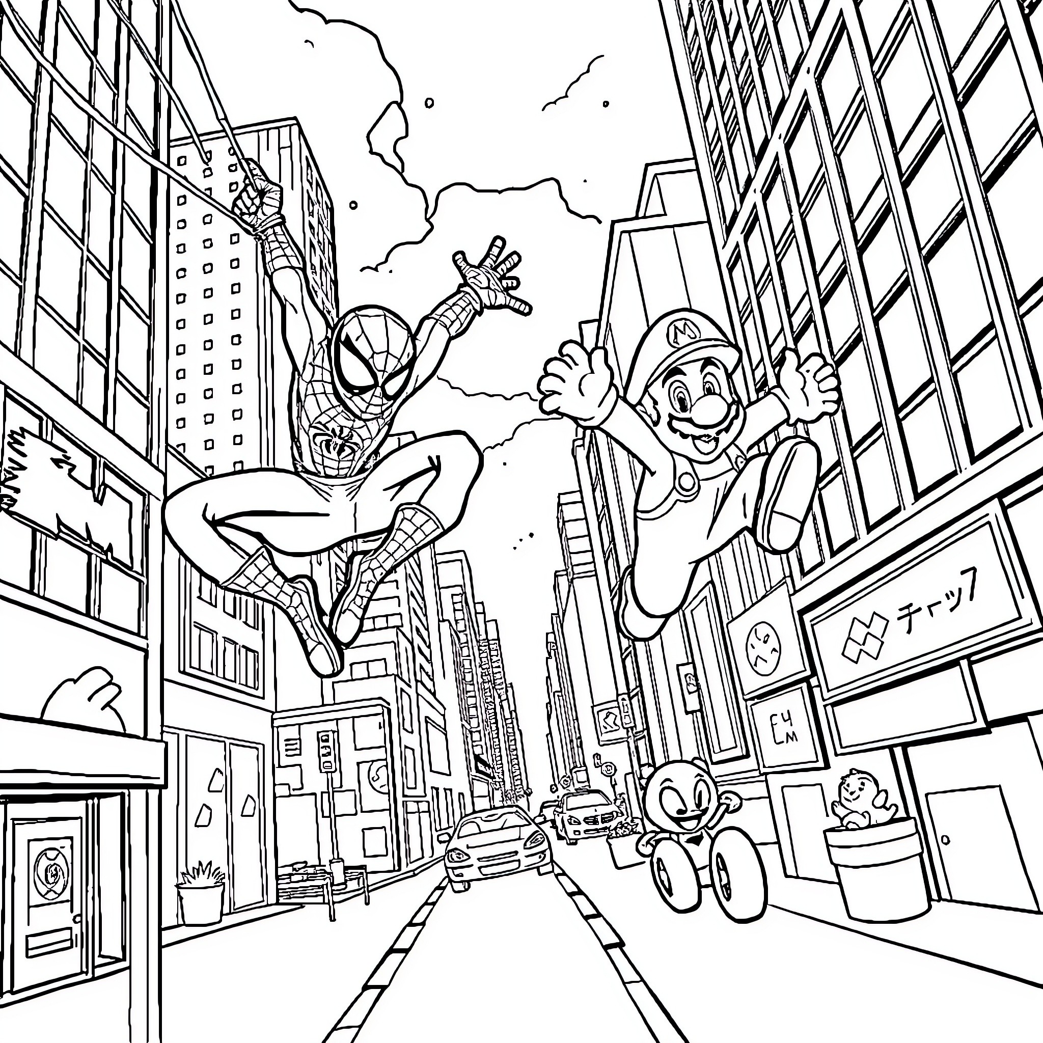 Spider-Man and Mario Leaping Through the City Coloring Page (free black-and-white line drawing printable PDF for all, from beginners to advanced learners, including children, teens, adults, and seniors)