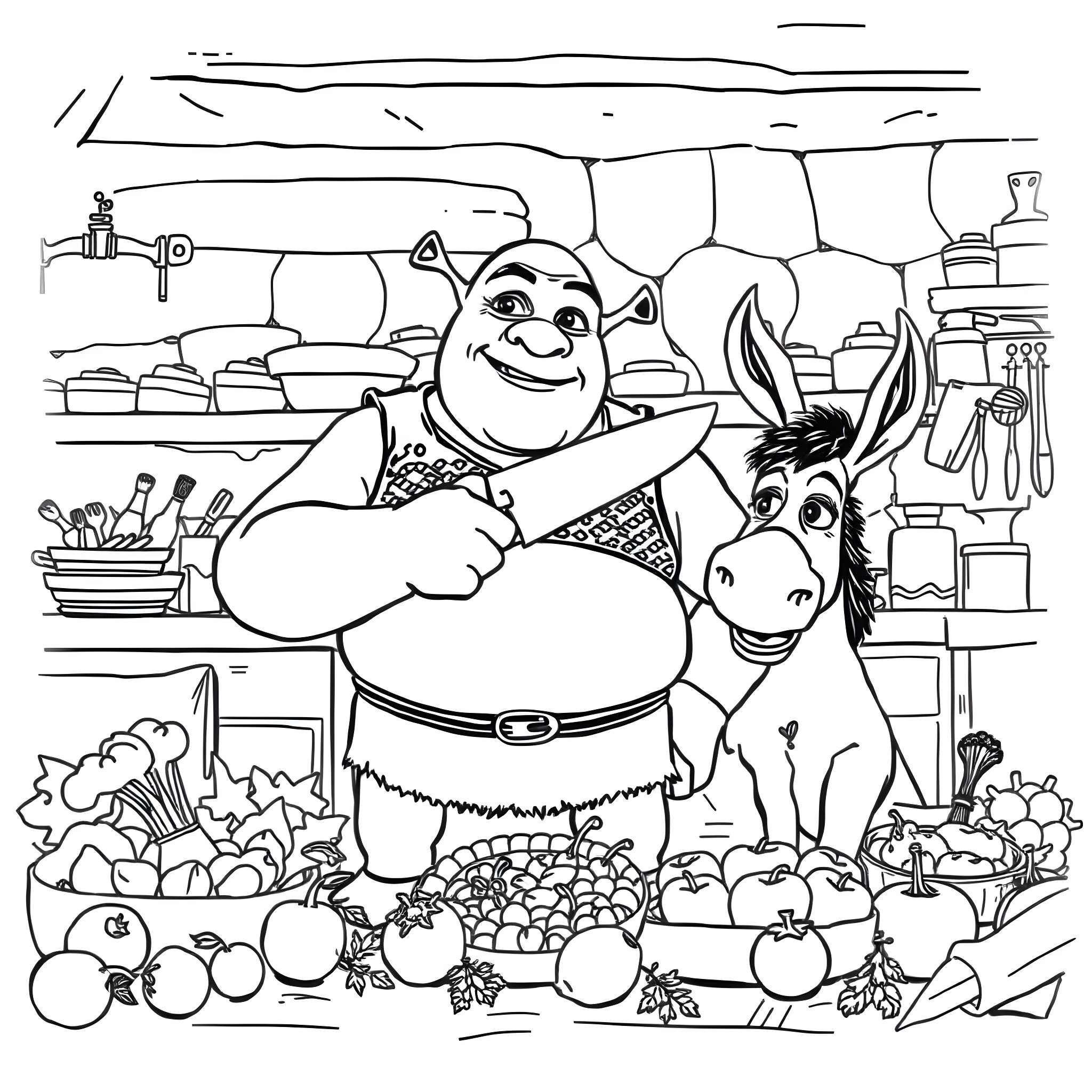 Shrek and Donkey in a kitchen with various food items Coloring Page (free black-and-white line drawing printable PDF for all, from beginners to advanced learners, including children, teens, adults, and seniors)